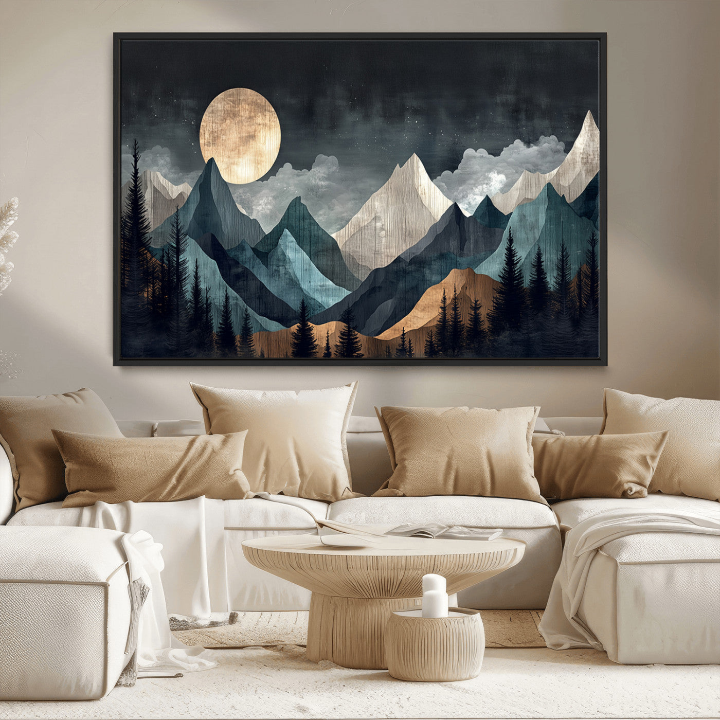 11060882-MGV-CV-36X24-Moonlit Mountains Wall Art Canvas Print, Framed Forest Silhouette Art Picture Print, Night Landscape Perfect Modern Forest Decor
