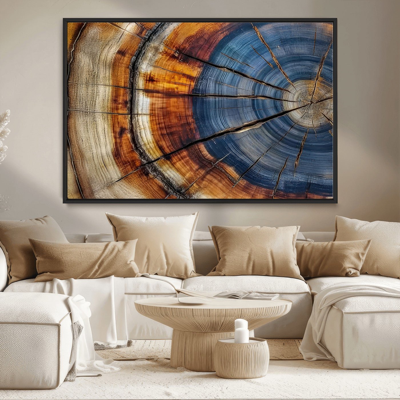 18032999-MGV-FC-36X24_Black-Tree Ring Wall Art – Blue Brown Abstract Wood Slice Canvas Print, Rustic Modern Nature Decor for Living Room, Office, Bedroom or
