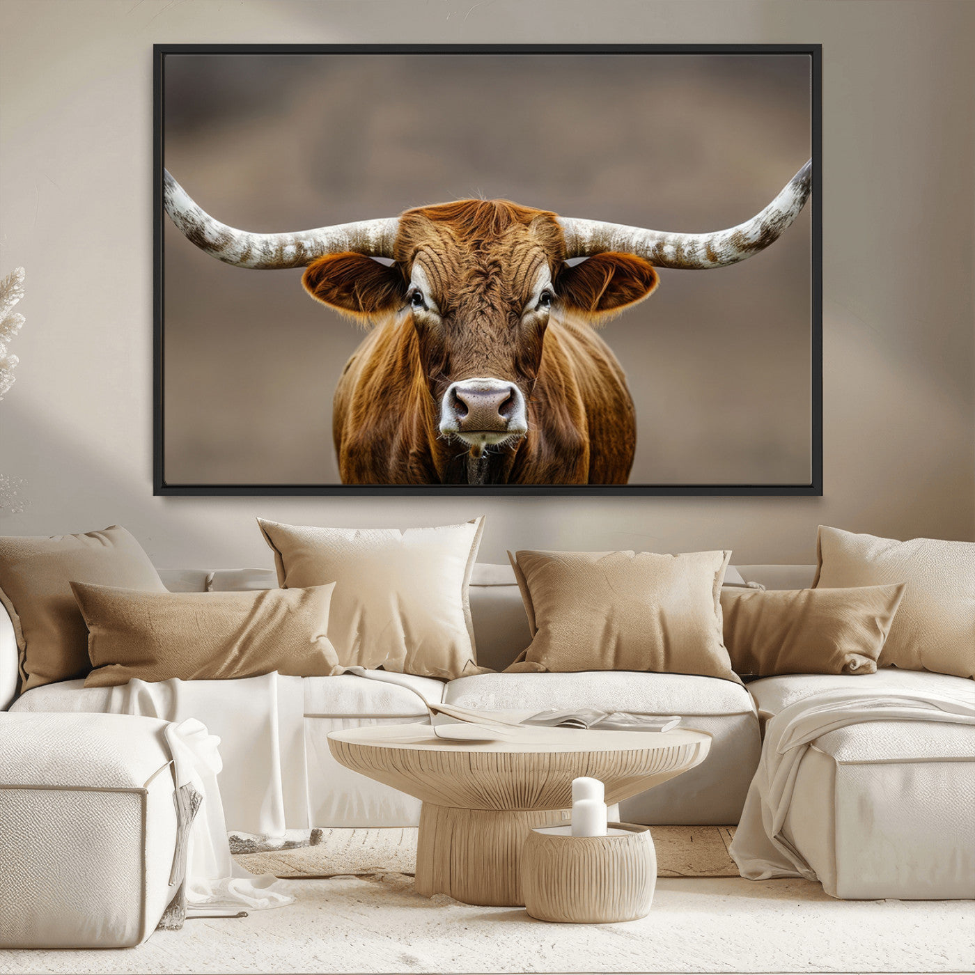 12179171-MGV-CV-36X24-Texas Longhorn Wall Art Canvas Print, Framed Brown Bull Art Picture Print, Lone Cattle Perfect Rustic Western Decor Artwork