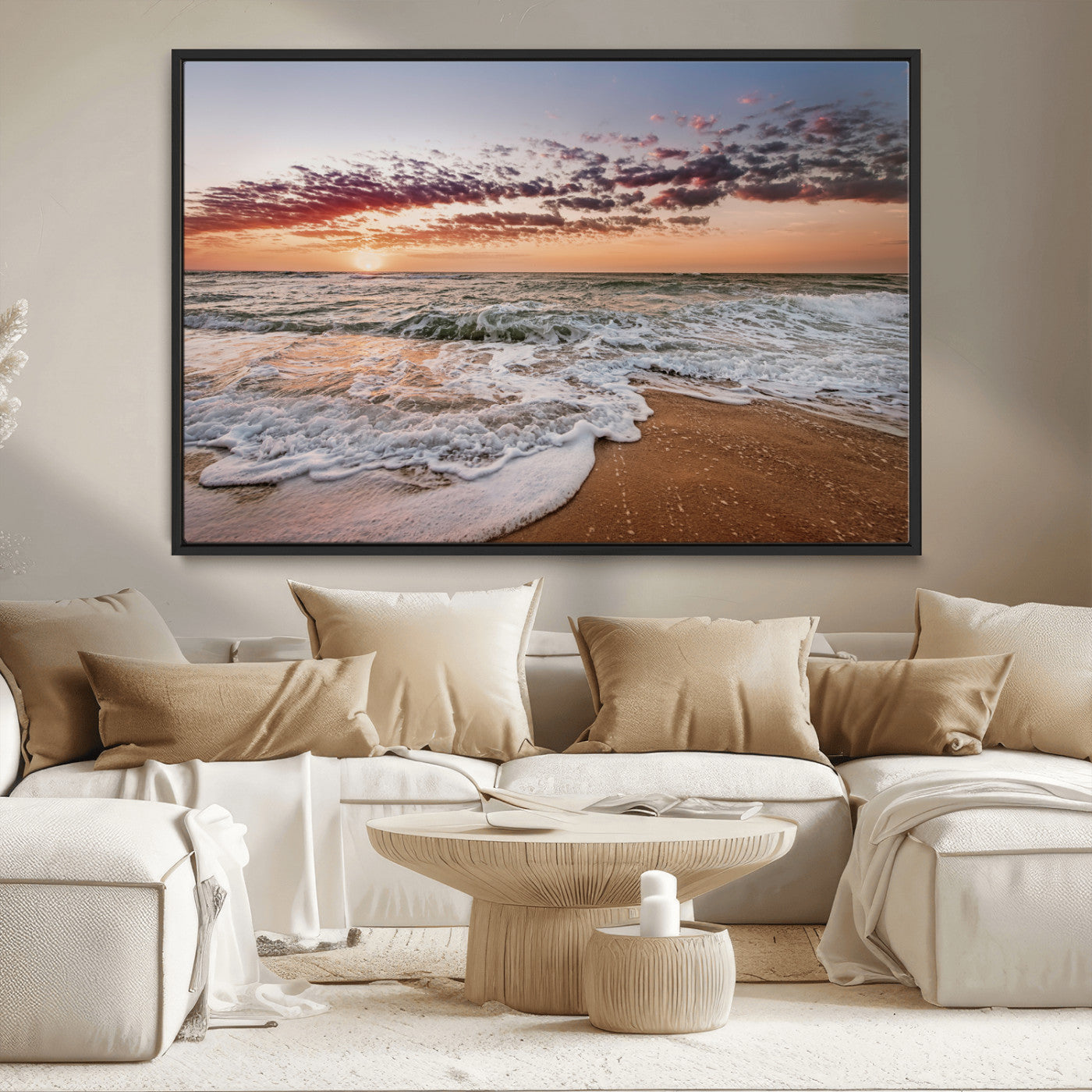 39846389-MGV-CV-36X24-Ocean Sunset Wall Art Canvas Print, Framed Sandy Shore Art Picture Print, Gentle Waves Perfect Minimalist Coastal Decor Artwork