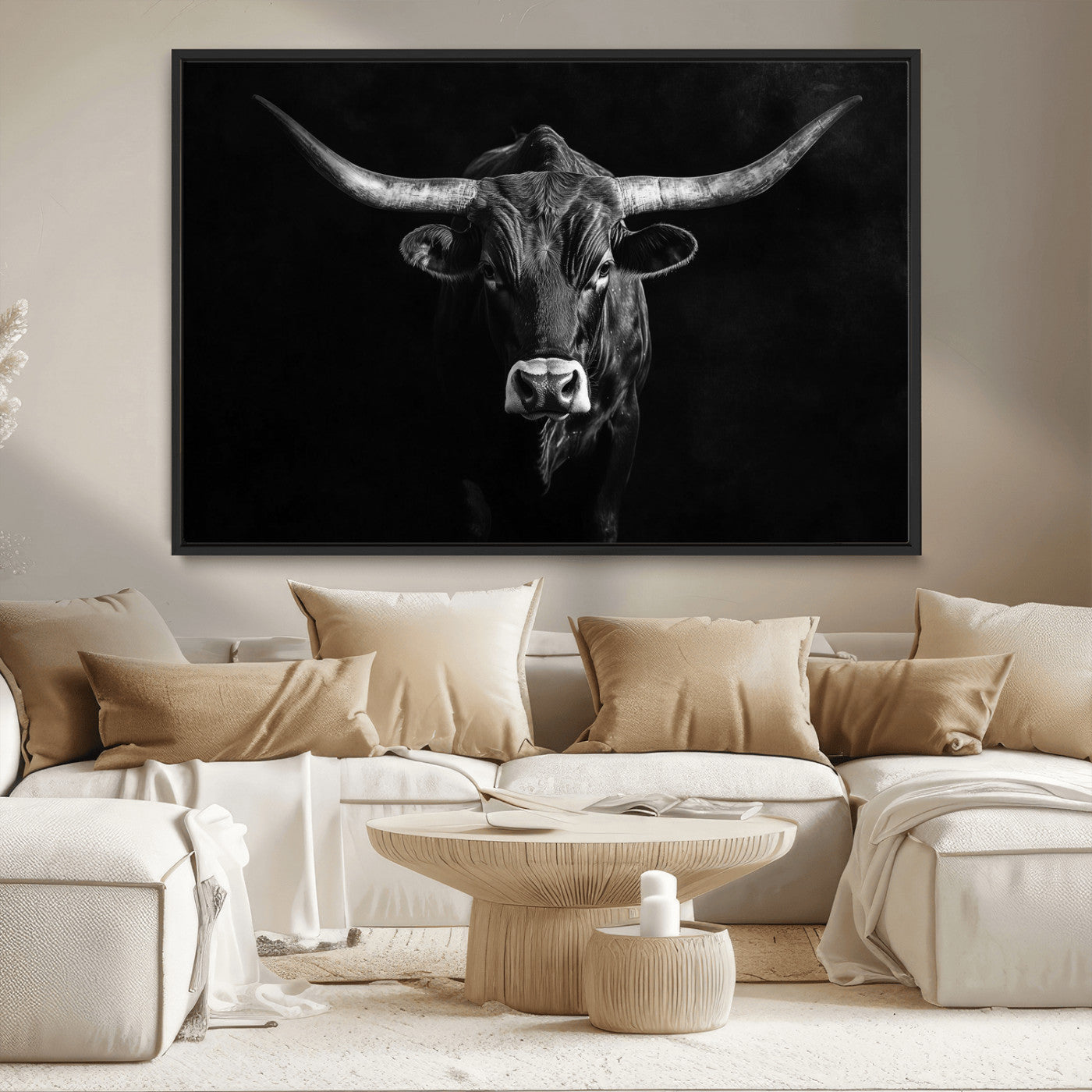 42077175-MGV-CV-36X24-Texas Longhorn Wall Art Canvas Print, Framed Monochrome Bull Art Picture Print, Horned Bull Perfect Rustic Western Decor Artwork