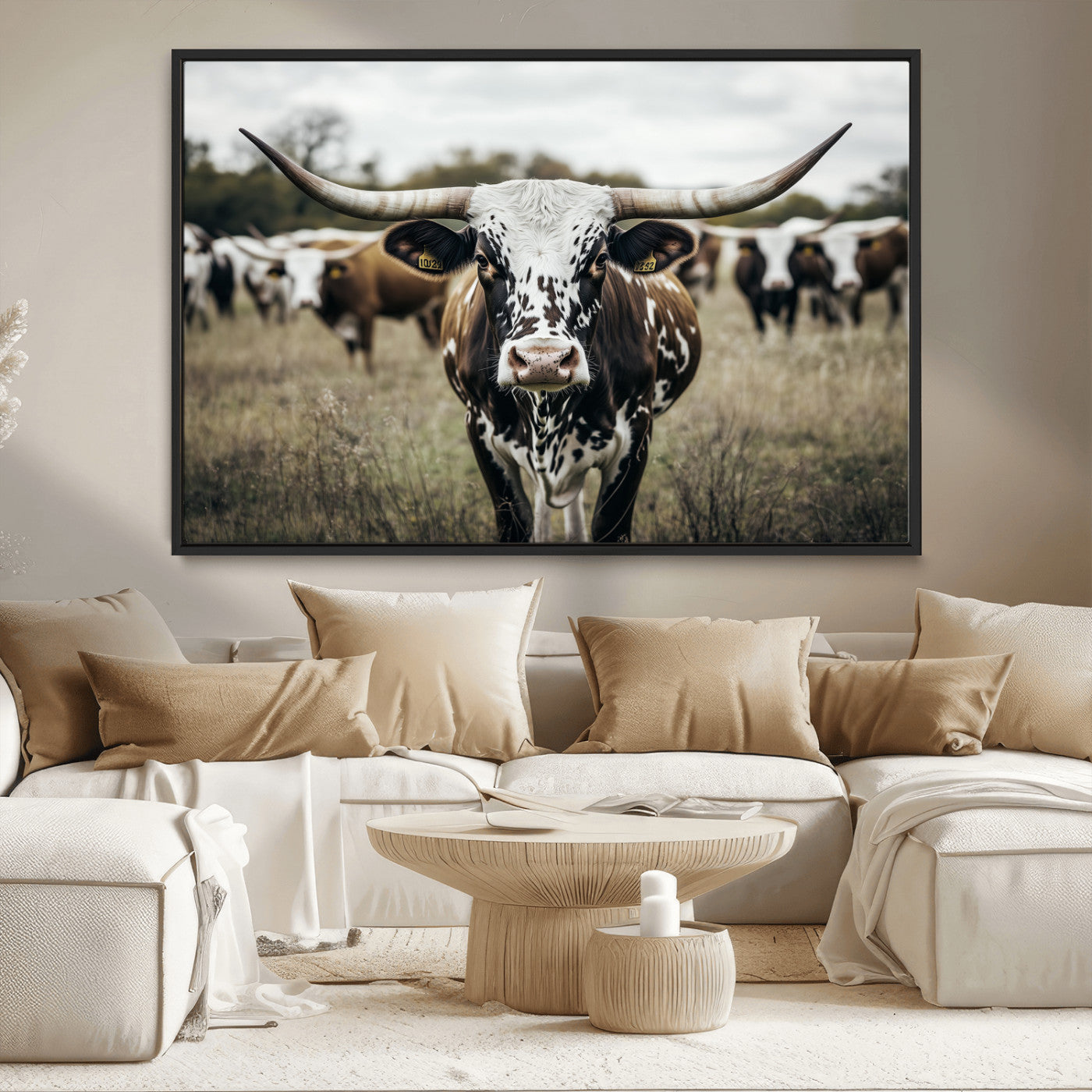 79025945-MGV-CV-36X24-Texas Longhorn Wall Art Canvas Print, Framed Speckled Cow Art Picture Print, Horned Cattle Perfect Rustic Western Decor Artwork