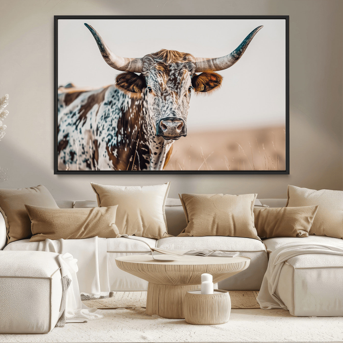 70414966-MGV-CV-36X24-Texas Longhorn Wall Art Canvas Print, Framed Speckled Cow Art Picture Print, Horned Bull Perfect Rustic Western Decor Artwork