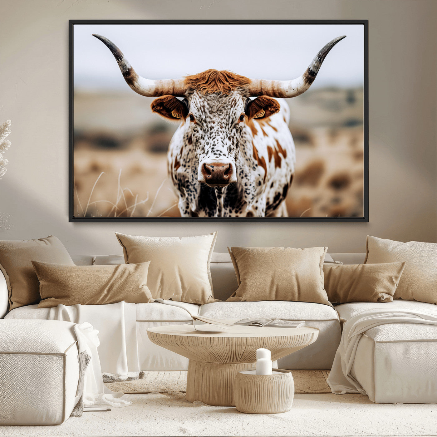 76294381-MGV-CV-36X24-Texas Longhorn Wall Art Canvas Print, Framed Spotted Cow Art Picture Print, Horned Cattle Perfect Rustic Western Decor Artwork