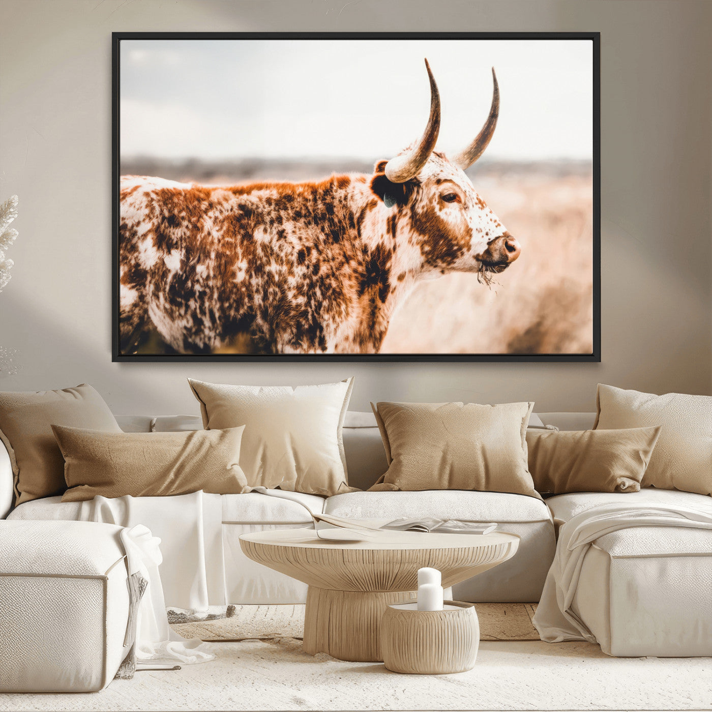 11528295-MGV-CV-36X24-Speckled Longhorn Wall Art Canvas Print, Framed Texas Cattle Art Picture Print, Horned Cow Perfect Rustic Western Decor Artwork