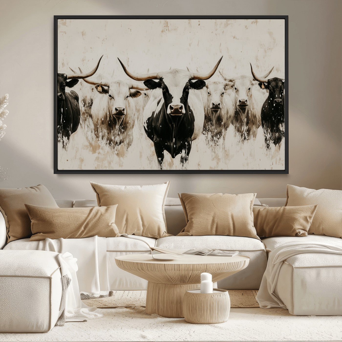 12027562-MGV-CV-36X24-Longhorn Cattle Wall Art Canvas Print, Framed Bison Herd Art Picture Print, Cattle Group Perfect Rustic Farmhouse Decor Artwork