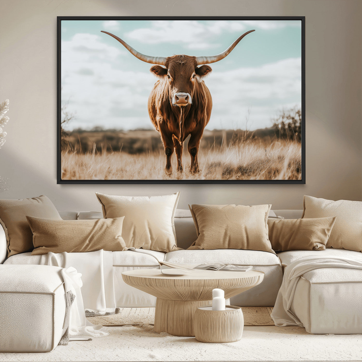 39350715-MGV-CV-36X24-Texas Longhorn Wall Art Canvas Print, Framed Longhorn Cow Art Picture Print, Western Cattle Perfect Rustic Western Decor Artwork