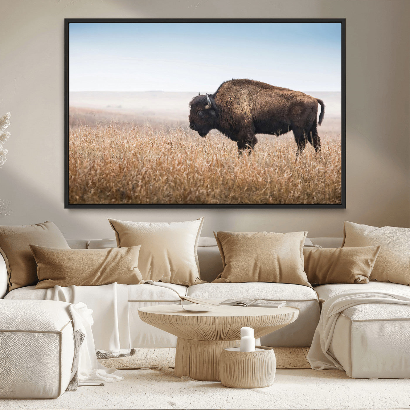 91267849-MGV-CV-36X24-Wild Bison Wall Art Canvas Print, Framed Bison in Prairie Art Picture Print, Rustic Western Perfect Rustic Western Decor Artwork