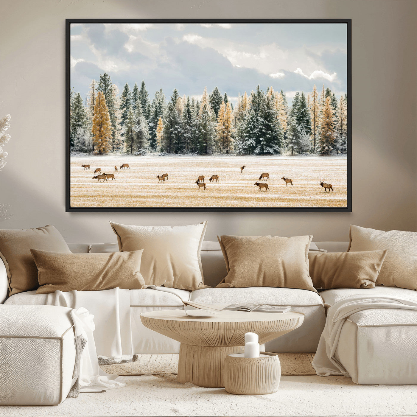64188182-MGV-CV-36X24-Elk Herd Wall Art Canvas Print, Framed Snowy Forest Art Picture Print, Forest Elks Perfect Neutral Rustic Decor Artwork
