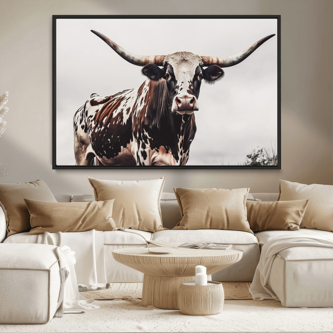 95249234-MGV-CV-36X24-Texas Longhorn Wall Art Canvas Print, Framed Spotted Bull Art Picture Print, Horned Cattle Perfect Rustic Farmhouse Decor Artwork