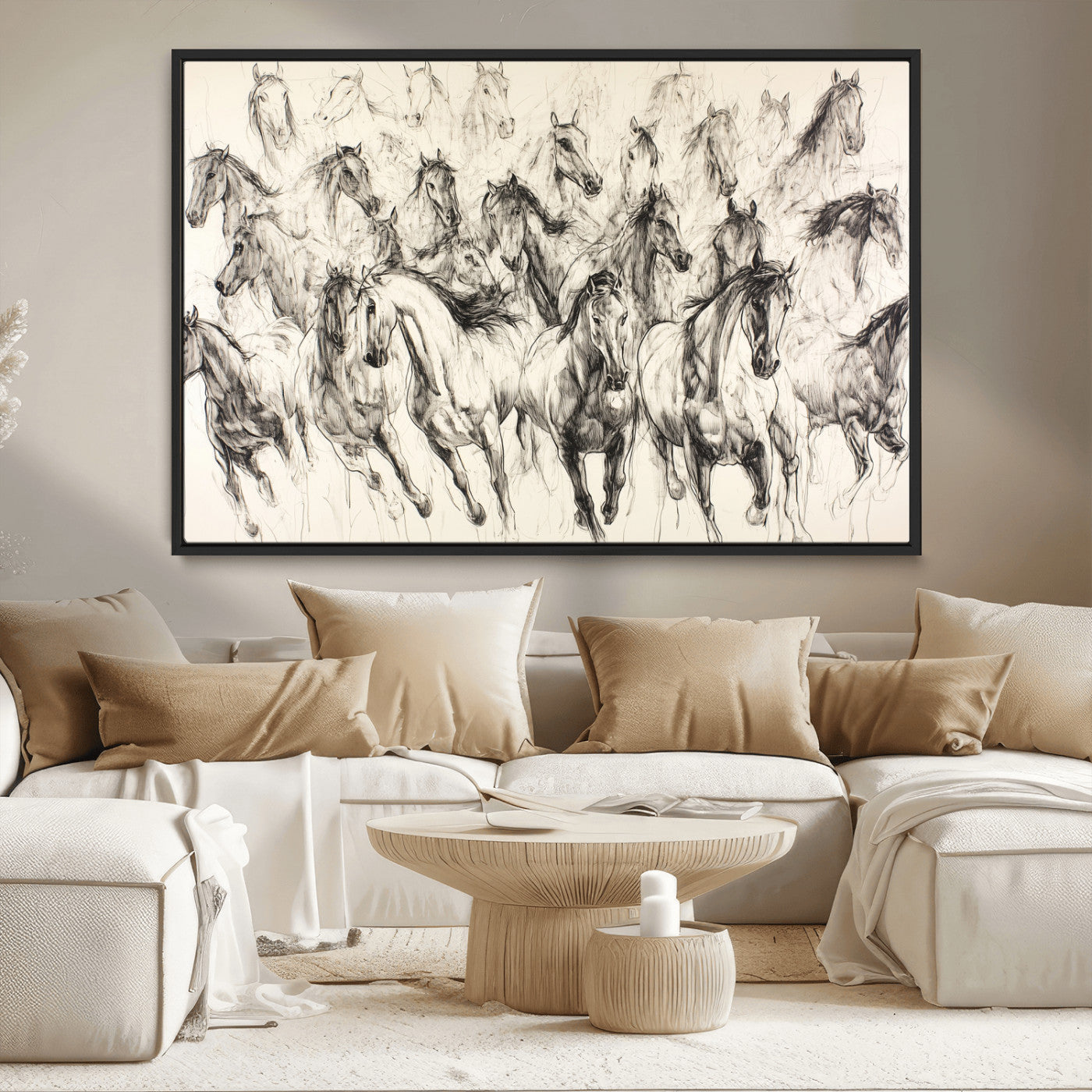 19433417-MGV-CV-36X24-Running Horses Wall Art Canvas Print, Framed Horse Sketch Art Picture Print, Galloping Herd Perfect Monochrome Western Decor
