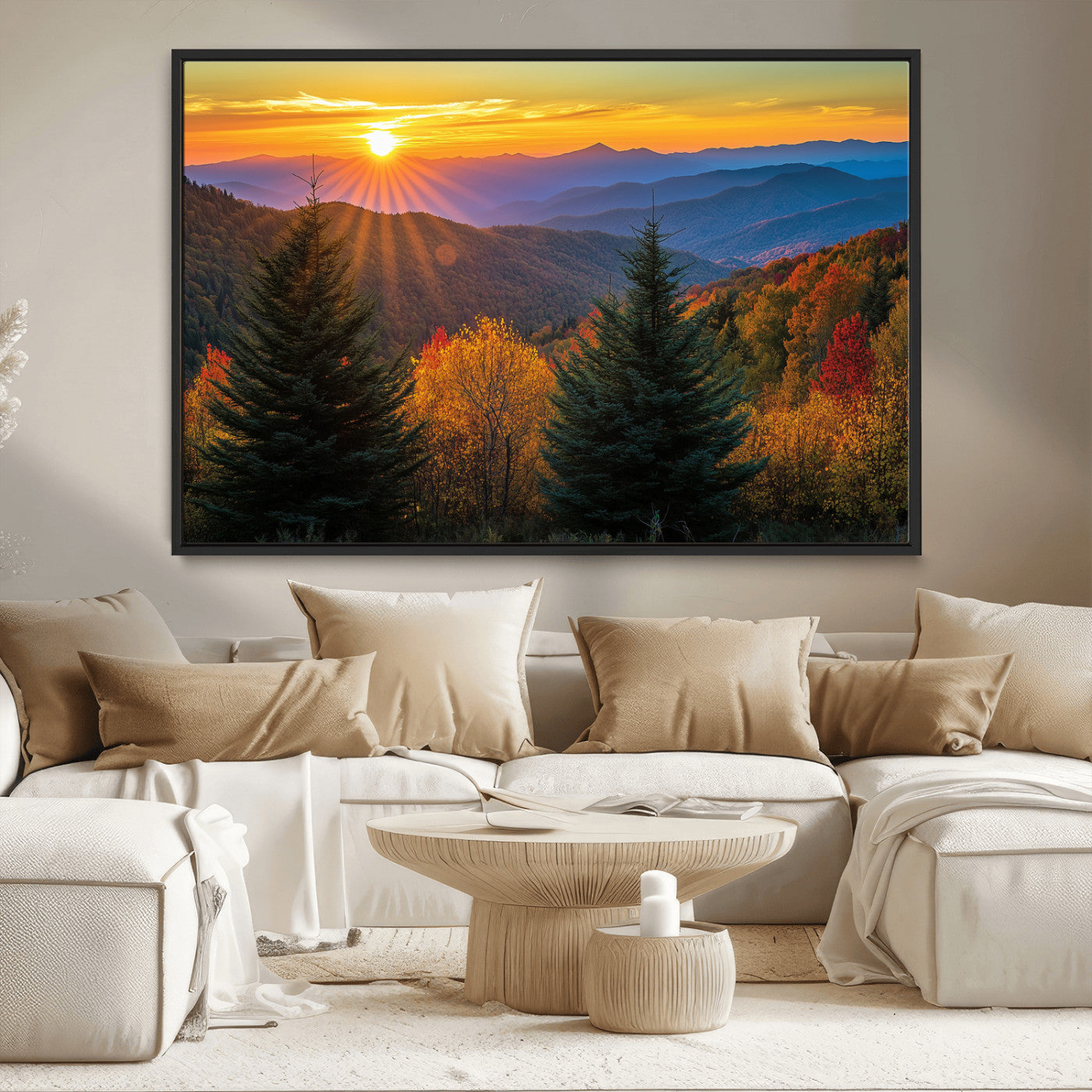 36964931-MGV-CV-36X24-Autumn Mountains Wall Art Canvas Print, Framed Sunset Glow Forest Art Picture Print, Golden Trees Perfect Vibrant Nature Decor