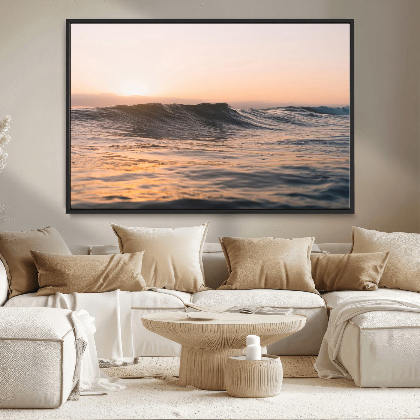 46299358-MGV-CV-36X24-Sunset Waves Wall Art Canvas Print, Framed Ocean Horizon Art Picture Print, Golden Water Perfect Golden Hour Coastal Decor Artwork
