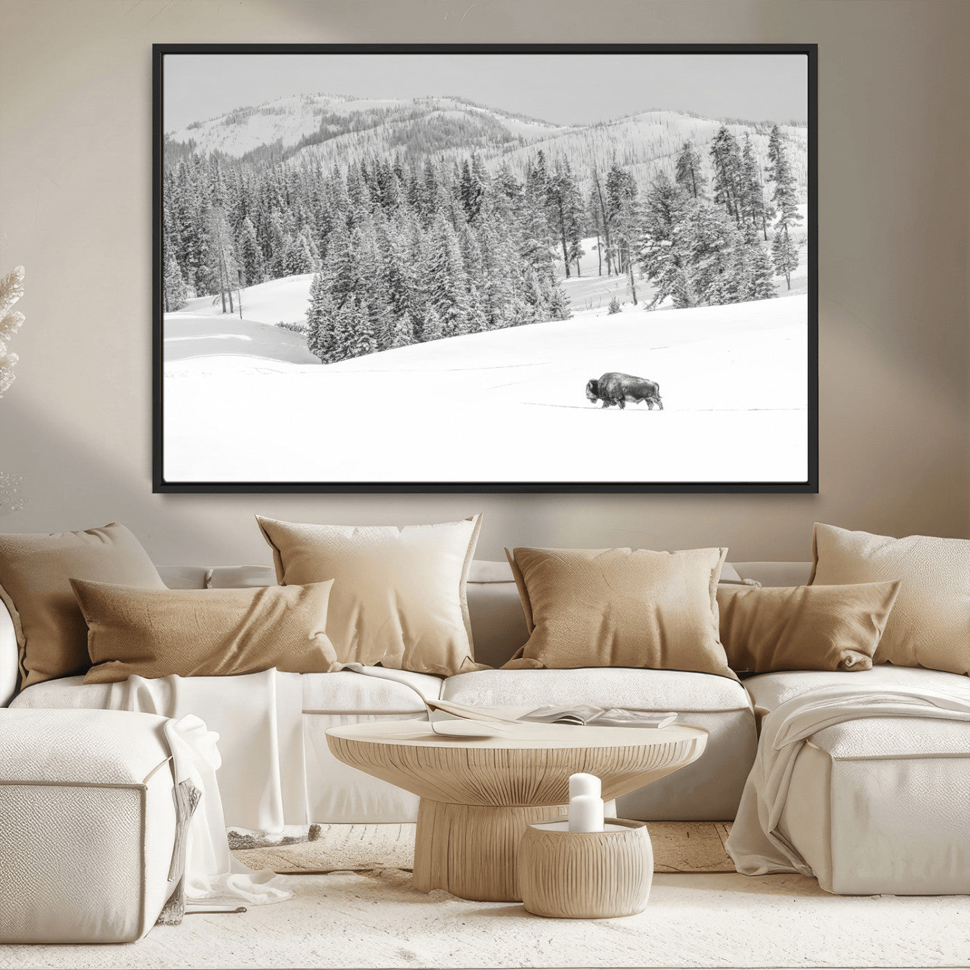 68081143-MGV-CV-36X24-Snowy Bison Wall Art Canvas Print, Framed Winter Forest Art Picture Print, Lone Bison Perfect Monochrome Winter Wild Decor Artwork