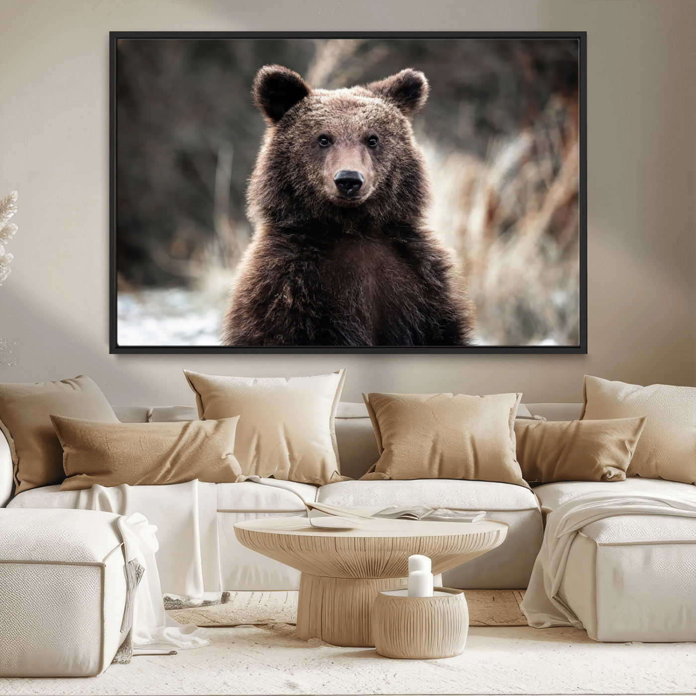 47112103-MGV-CV-36X24-Brown Bear Wall Art Canvas Print, Framed Forest Wildlife Art Picture Print, Woodland Bear Perfect Rustic Cabin Decor Artwork