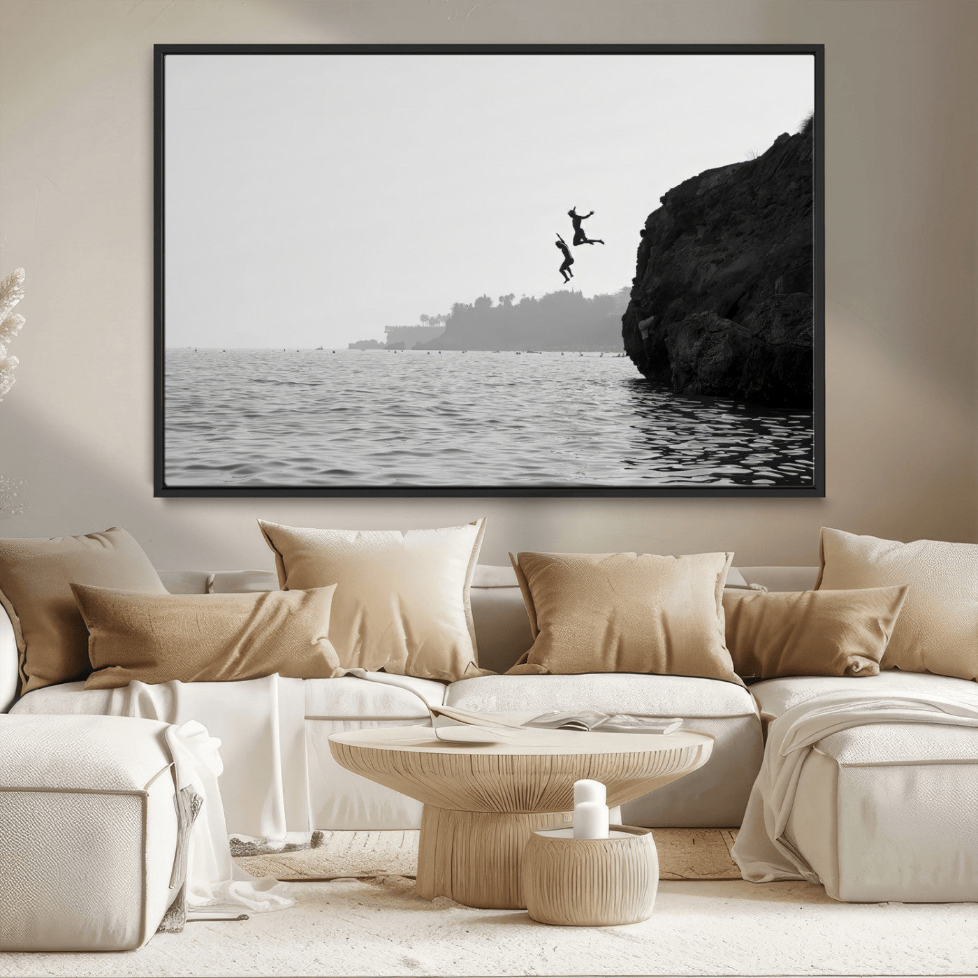 52284302-MGV-CV-36X24-Cliff Jumping Wall Art Canvas Print, Framed Ocean Adventure Art Picture Print, Black White Coast Perfect Modern Coastal Decor
