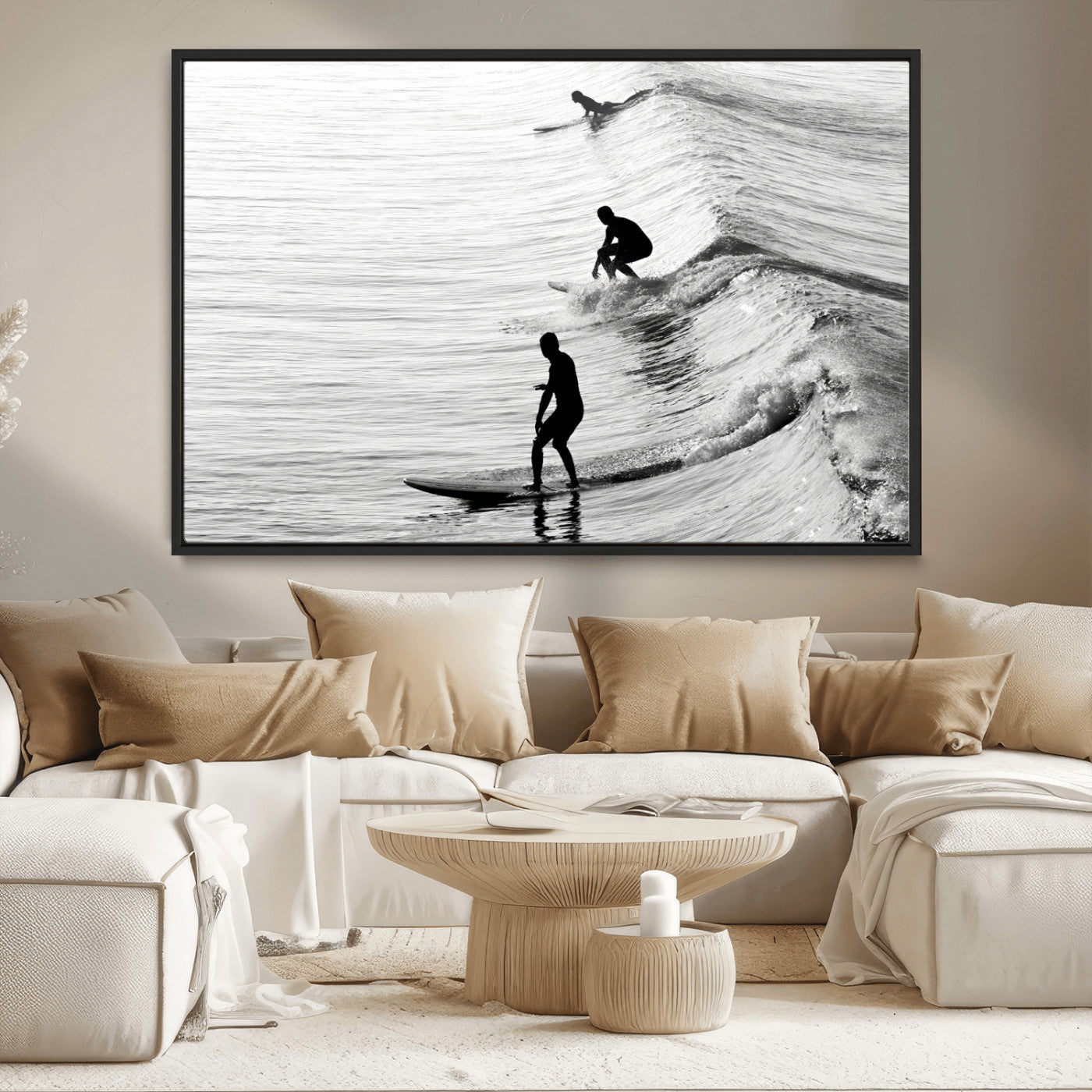 19875284-MGV-CV-36X24-Surfer Waves Wall Art Canvas Print, Framed Black White Surf Art Picture Print, Monochrome Ocean Perfect Modern Coastal Decor