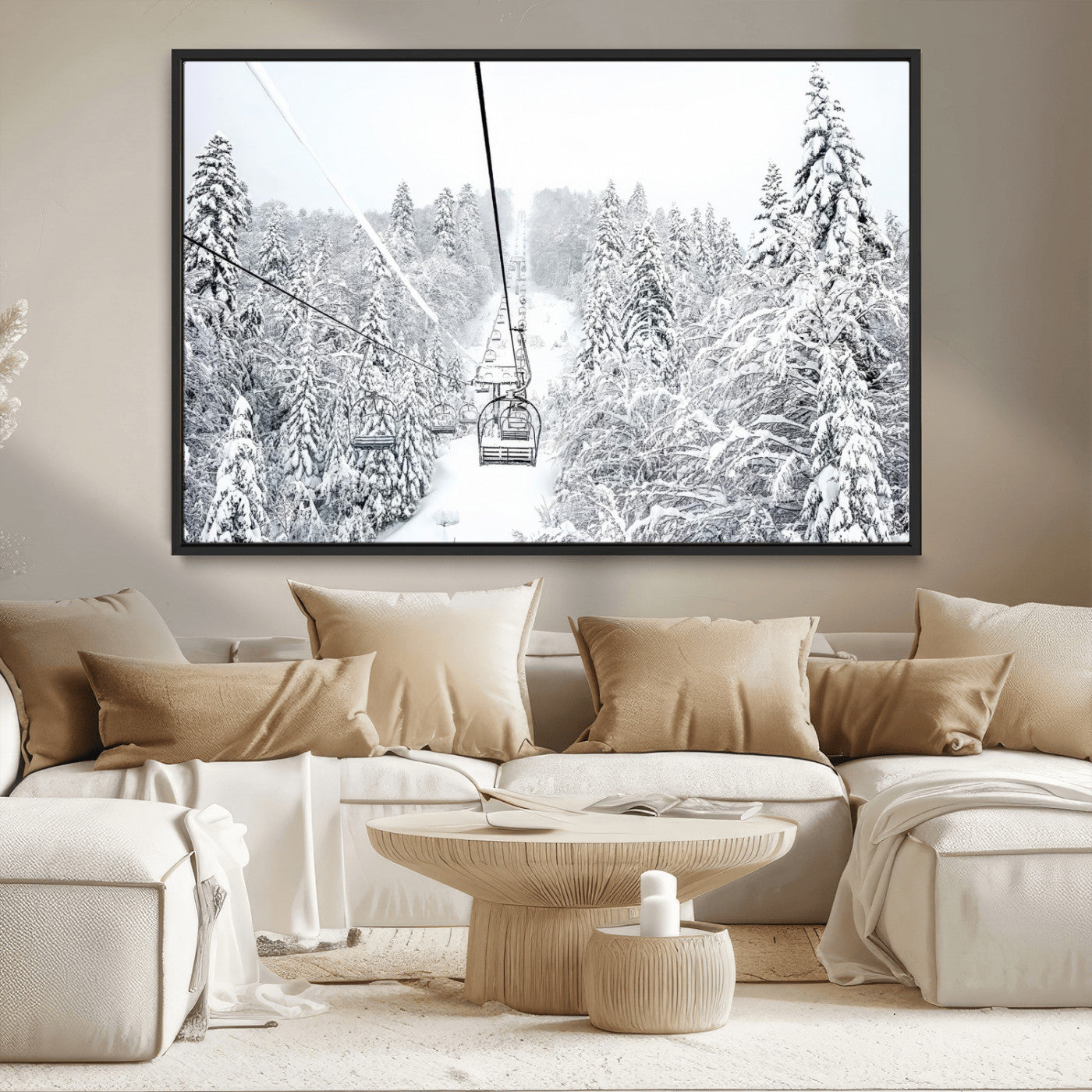 44705668-MGV-CV-36X24-Winter Forest Wall Art Canvas Print, Framed Snowy Forest Art Picture Print, Ski Lift Perfect Scandinavian Decor Artwork