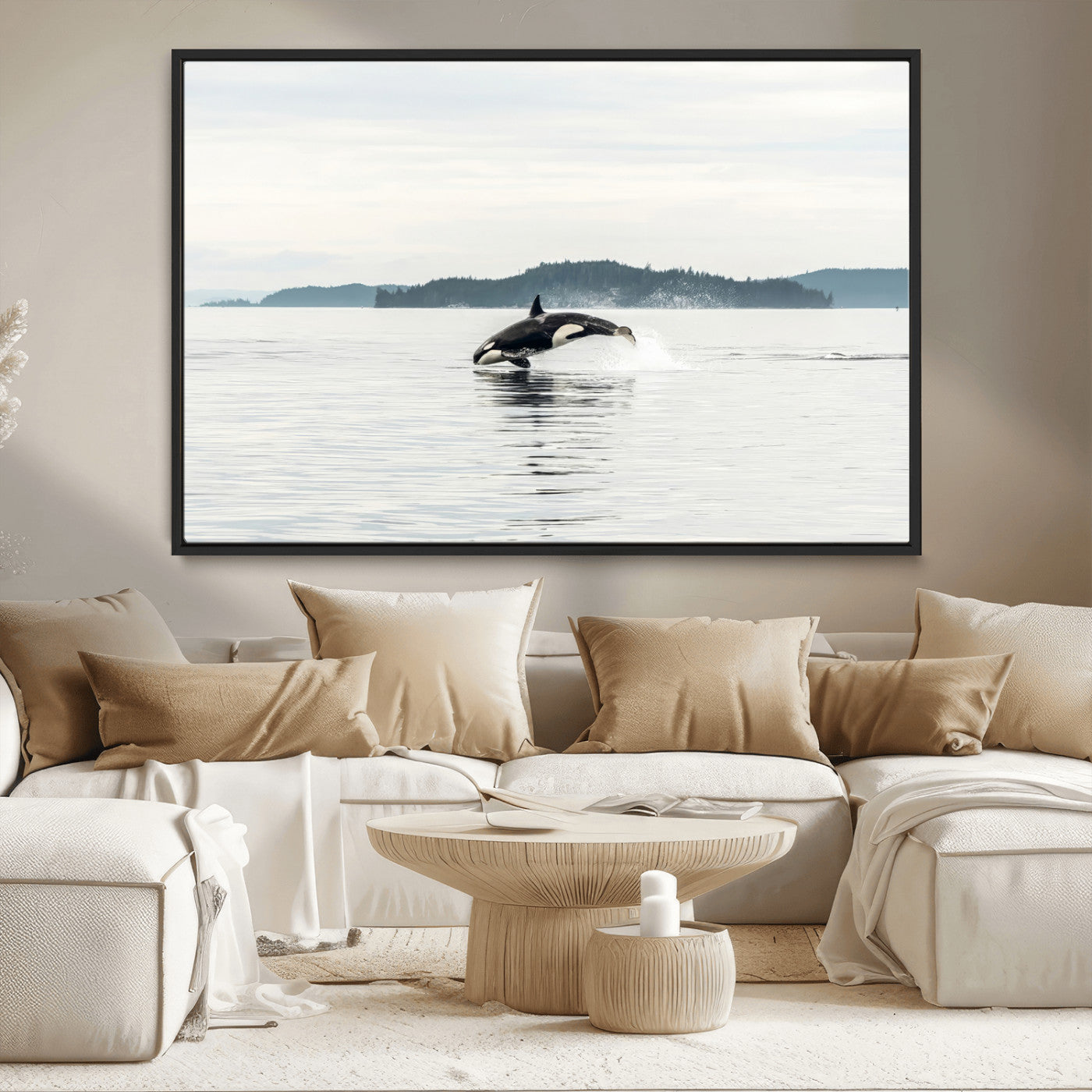10157174-MGV-CV-36X24-Orca Whale Wall Art Canvas Print, Framed Black White Whale Art Picture Print, Minimalist Ocean Perfect Coastal Minimalist Decor