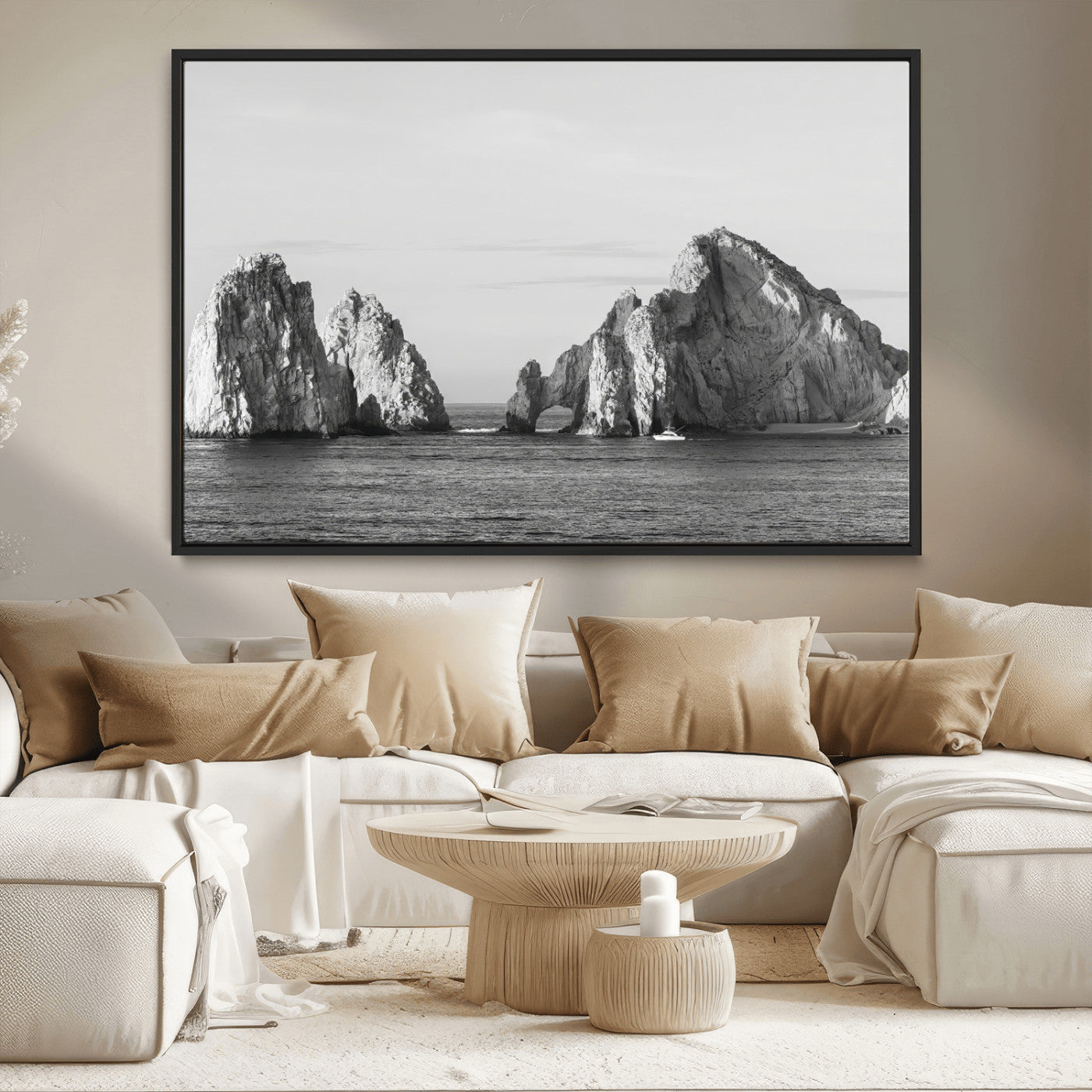 18810731-MGV-CV-36X24-Rugged Coastline Wall Art Canvas Print, Framed Ocean Cliffs Art Picture Print, Monochrome Seascape Perfect Coastal Minimalist