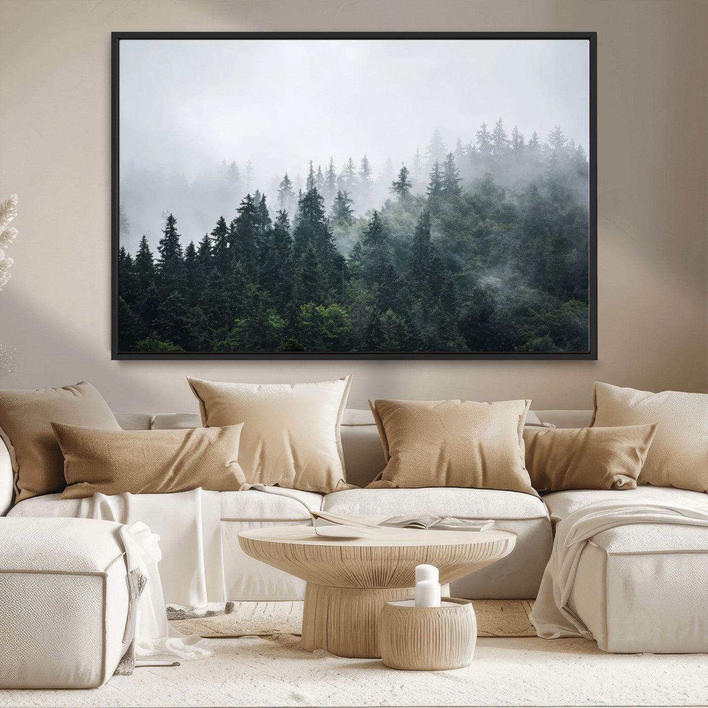 84146572-MGV-CV-36X24-Foggy Pine Trees Wall Art Canvas Print, Framed Forest Nature Art Picture Print, Evergreen Forest Perfect Scandinavian Minimalist