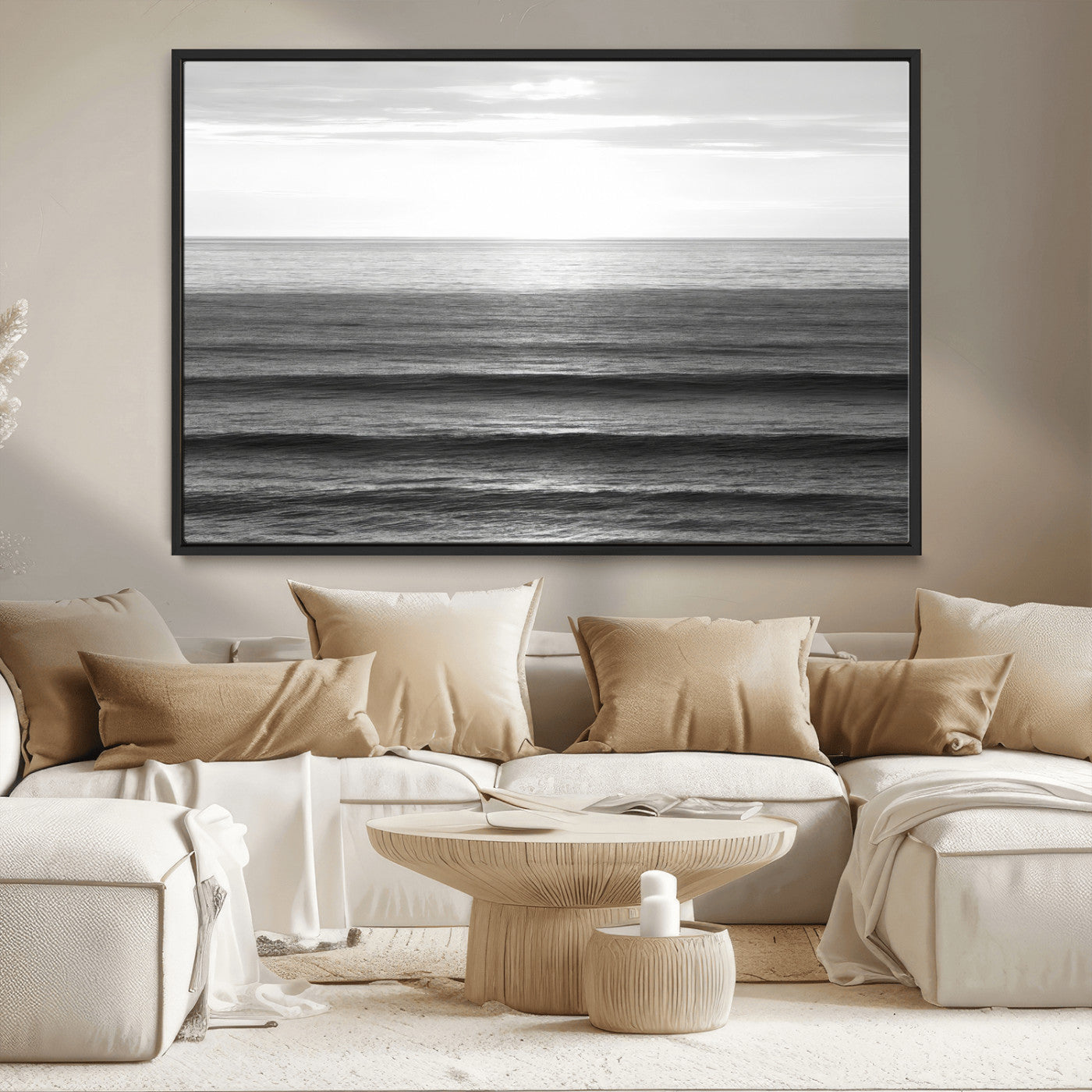 47305203-MGV-CV-36X24-Monochrome Ocean Wall Art Canvas Print, Framed Moody Ocean Art Picture Print, Calm Ocean Perfect Minimalist Coastal Decor Artwork