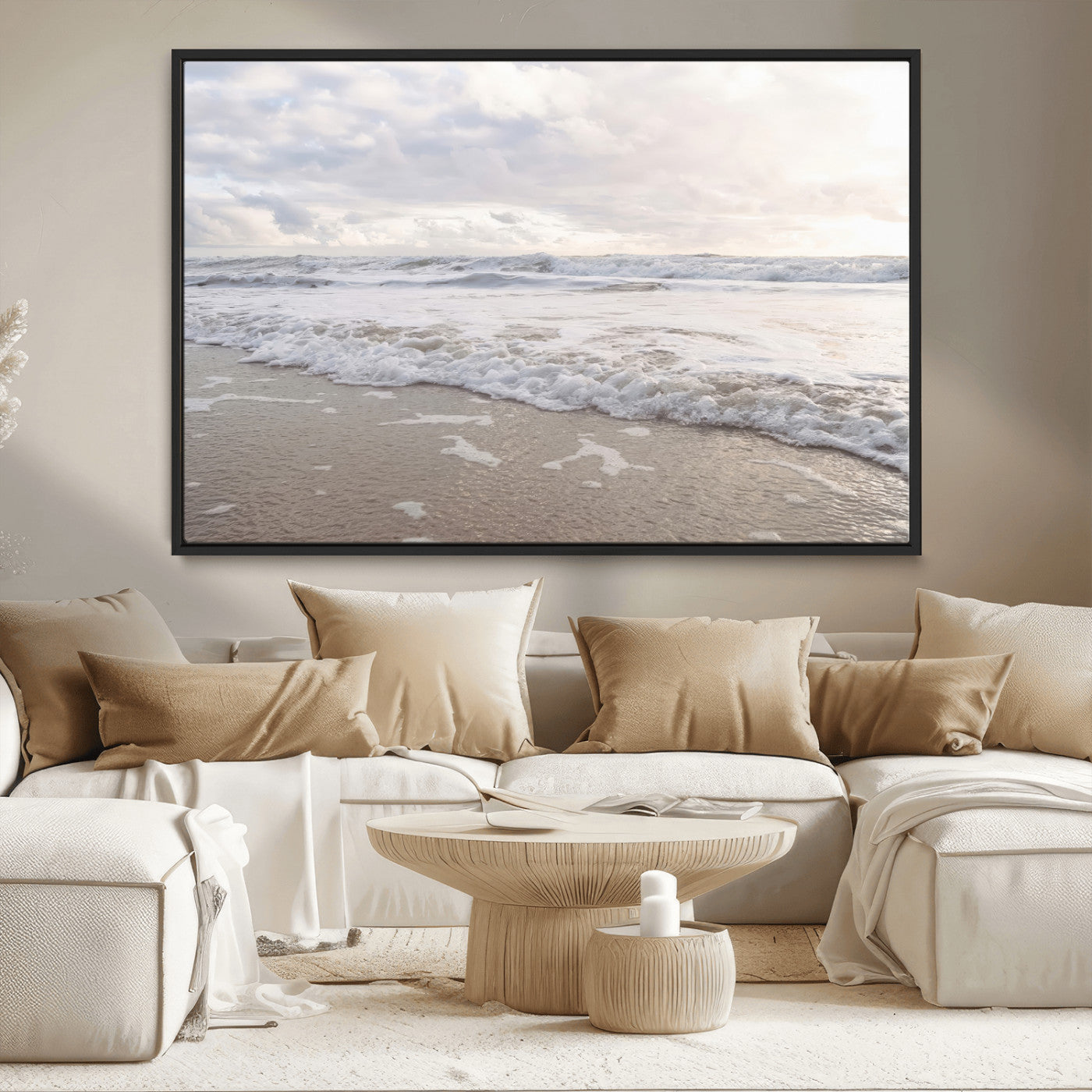 70596264-MGV-CV-36X24-Ocean Waves Wall Art Canvas Print, Framed Coastal Shoreline Art Picture Print, Sea Foam Perfect Coastal Minimalist Decor Artwork
