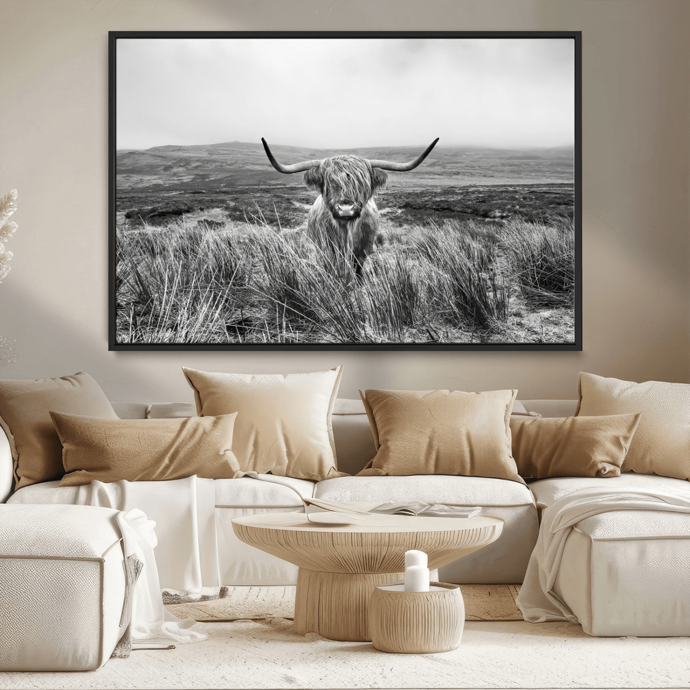24051061-MGV-CV-36X24-Monochrome Highland Cow Wall Art Canvas Print, Framed Scottish Bull Art Picture Print, Lone Cattle Perfect Rustic Farmhouse Decor