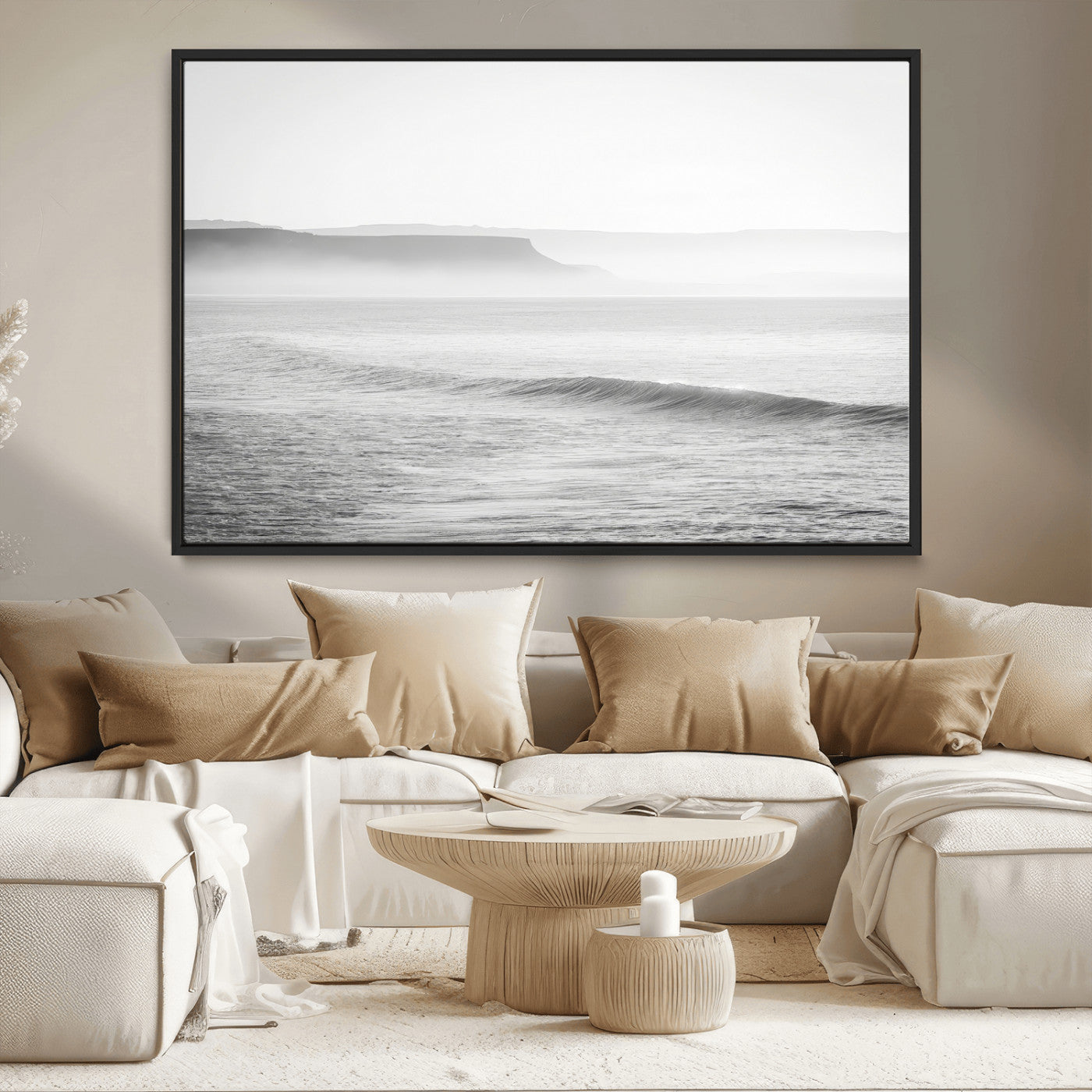 60635783-MGV-FC-36X24_Black-Black White Seascape Wall Art Canvas Print, Framed Ocean Waves Art Picture Print, Misty Coastal Perfect Minimalist Coastal Decor