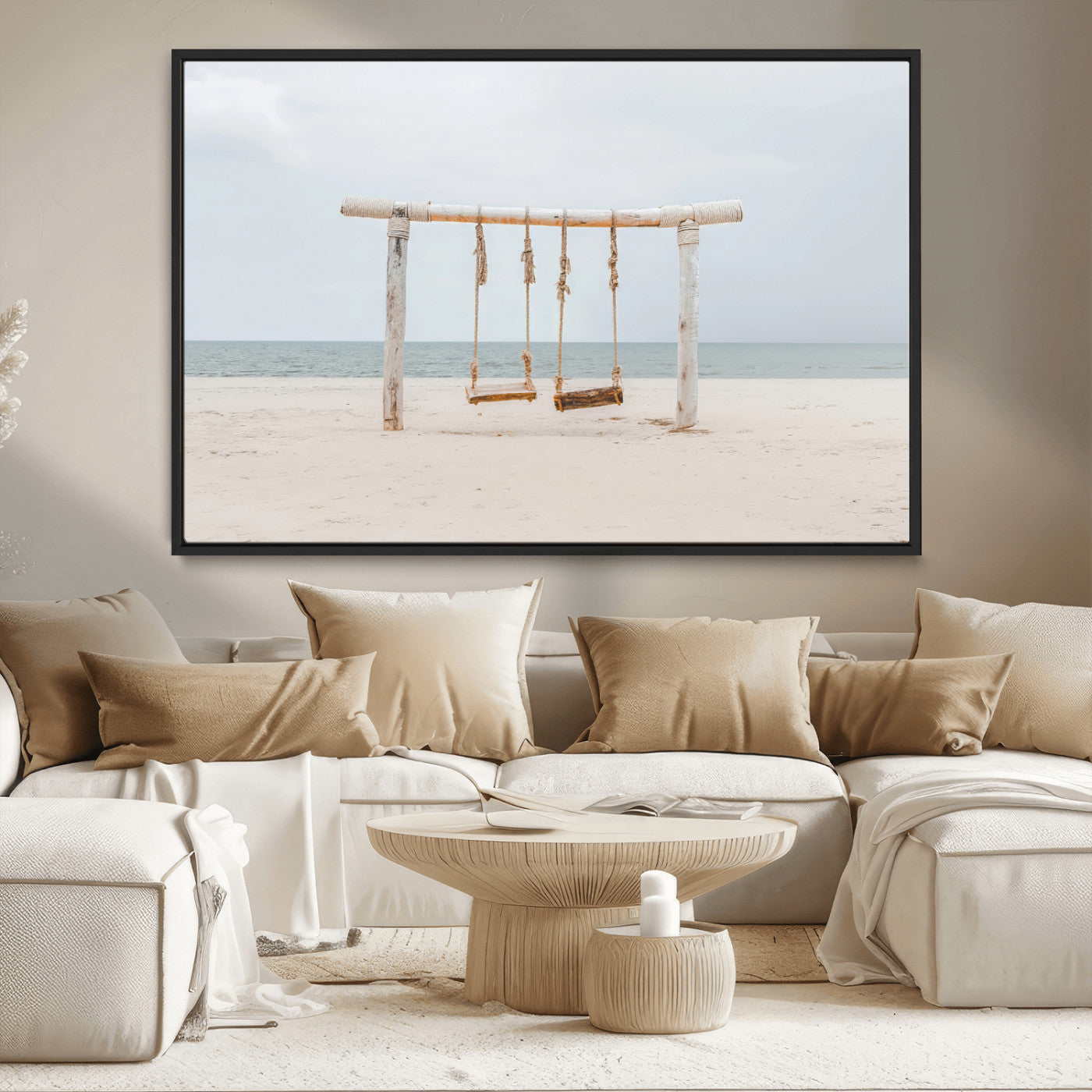 68327283-MGV-CV-36X24-Beach Swing Wall Art Canvas Print, Framed Quiet Beach Art Picture Print, Calm Shoreline Perfect Bohemian Coastal Decor Artwork