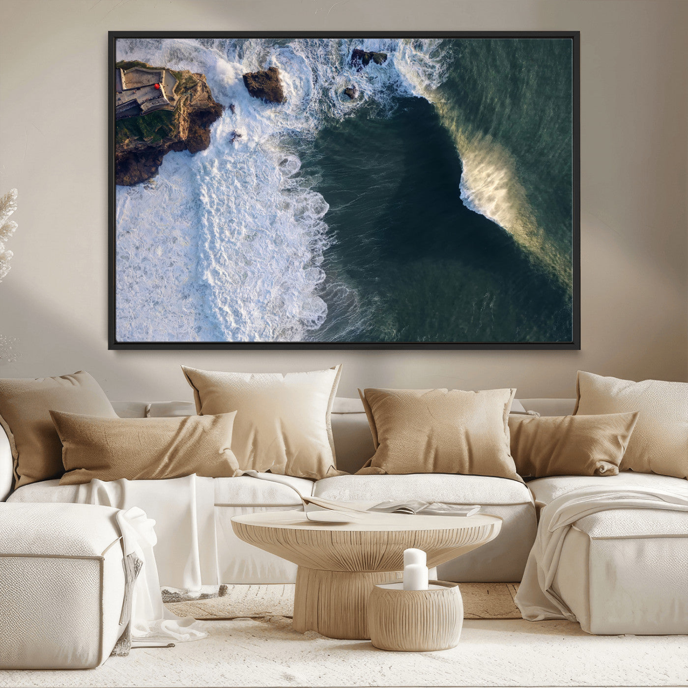 37405684-MGV-CV-36X24-Nazaré Coast Wall Art Canvas Print, Framed Aerial Ocean Art Picture Print, Coastal Fortress Perfect Dramatic Coastal Decor Artwork