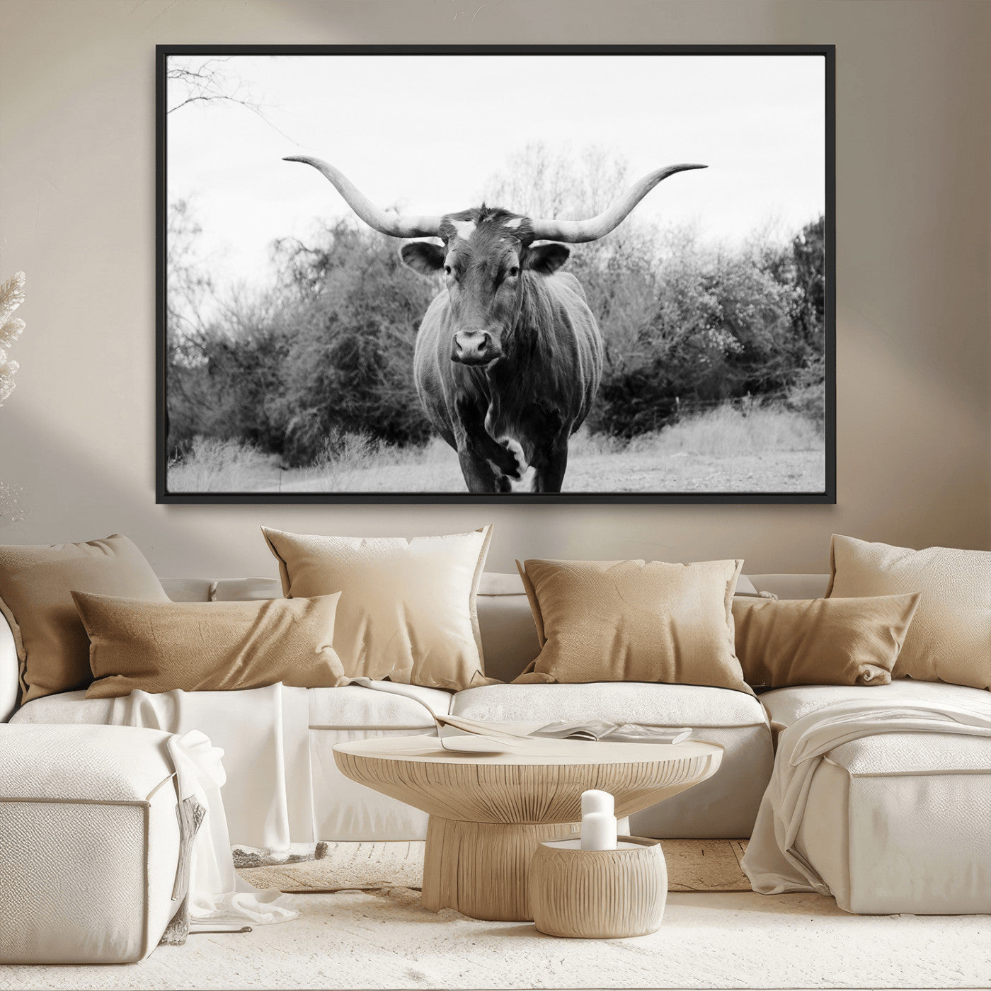 97280319-MGV-CV-36X24-Longhorn Photography Wall Art Canvas Print, Framed Western Cow Decor Art Picture Print, Texas Ranch Style Perfect Rustic Farmhouse