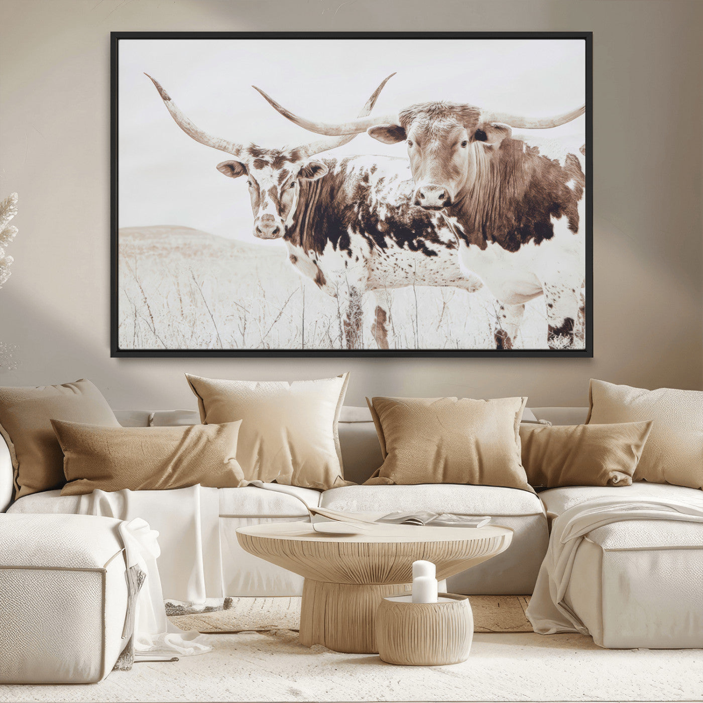 48161868-MGV-CV-36X24-Longhorn Cow Decor Wall Art Canvas Print, Framed Rustic Cattle Art Picture Print, Sepia Western Vibe Perfect Neutral Rustic