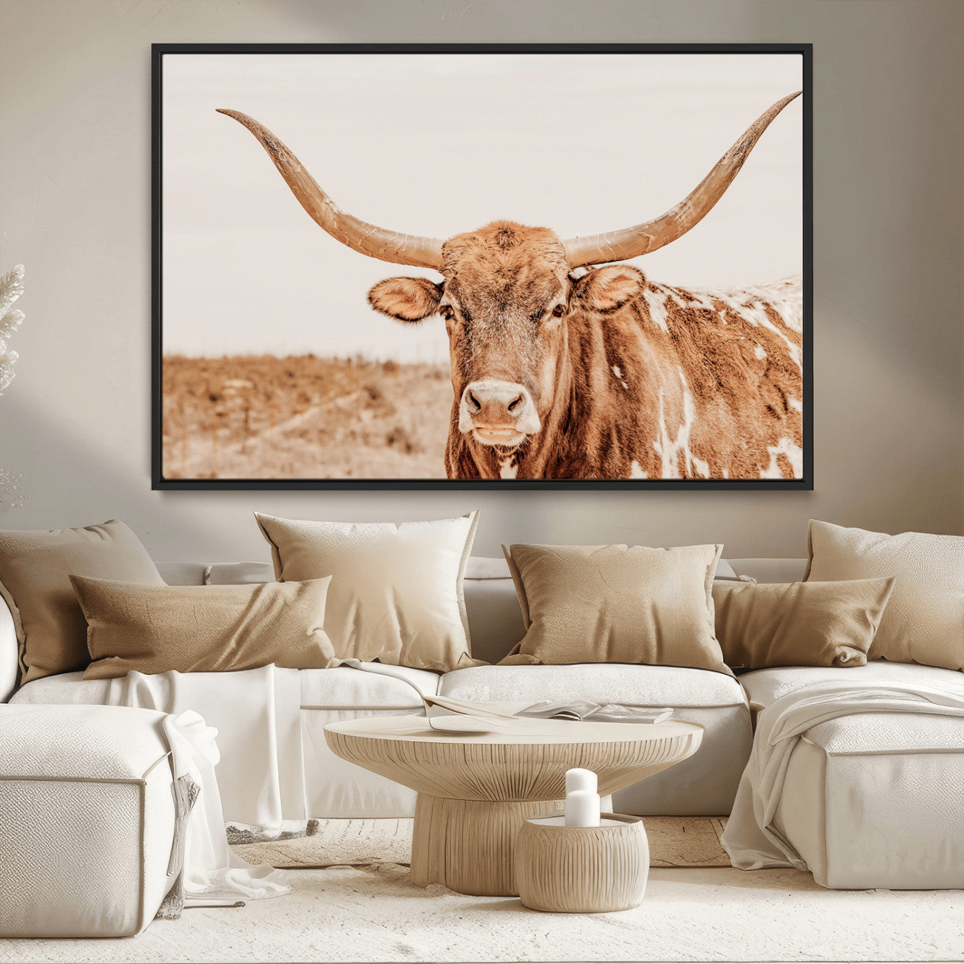 74406977-MGV-CV-36X24-Longhorn Bull Decor Wall Art Canvas Print, Framed Western Cow Theme Art Picture Print, Rustic Farmhouse Wall Perfect Neutral