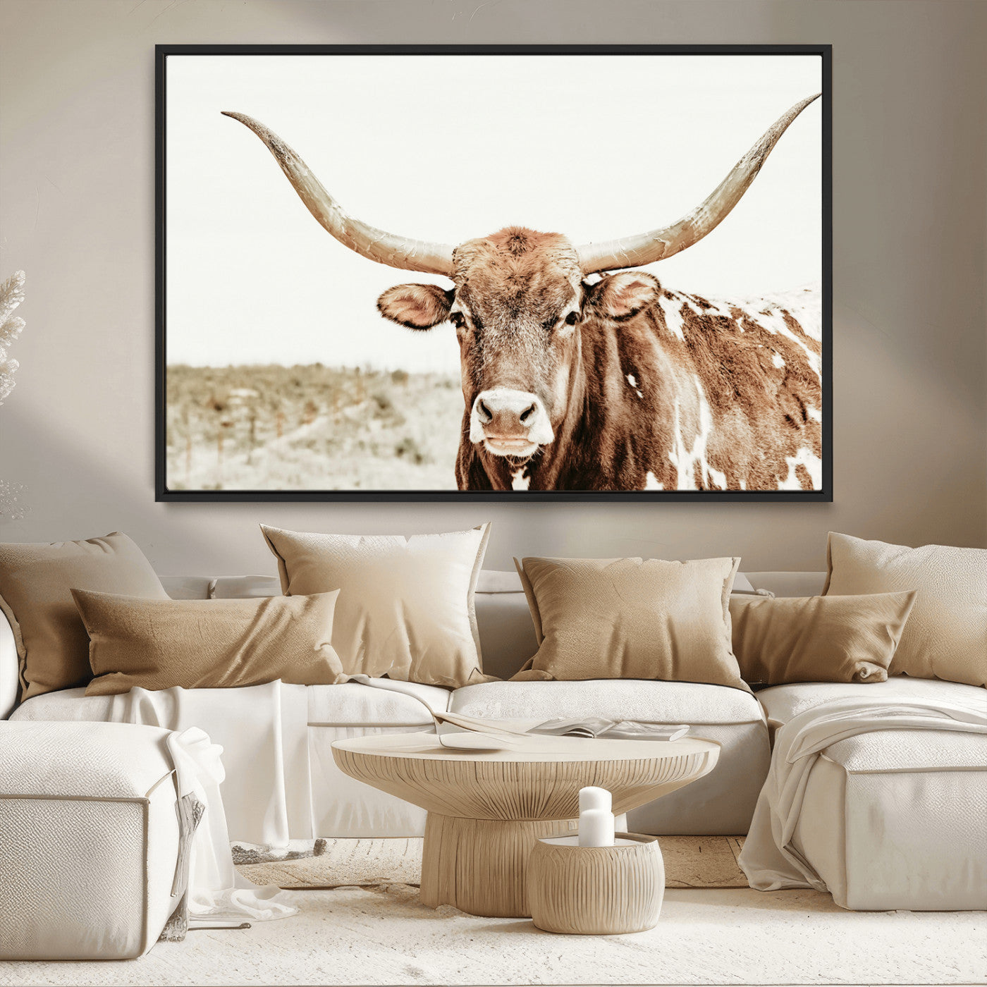 98924580-MGV-CV-36X24-Texas Longhorn Bull Wall Art Canvas Print, Framed Rustic Farmhouse Decor Art Picture Print, Western Animal Theme Perfect Rustic