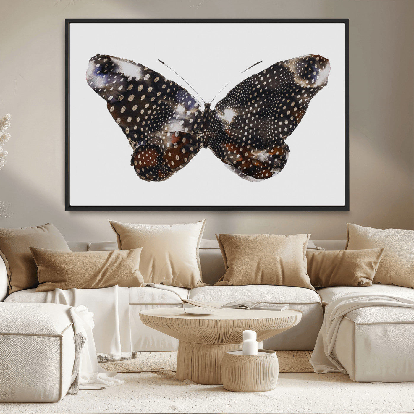 99831147-MGV-CV-36X24-Spotted Butterfly Wall Art Canvas Print, Framed Neutral Insect Theme Art Picture Print, Earthy Wing Pattern Perfect Modern Rustic