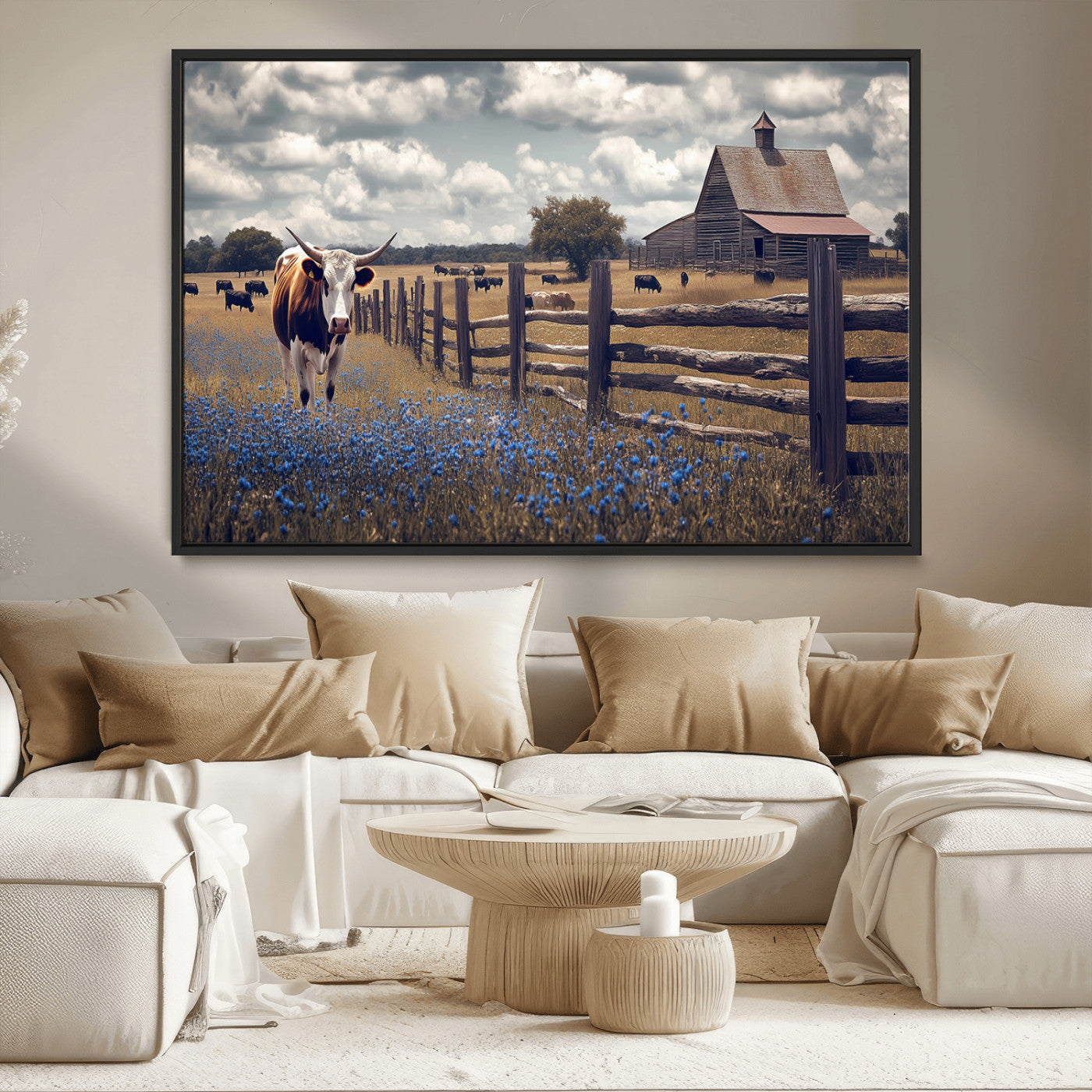 22296025-MGV-CV-36X24-Texas Longhorn Canvas Wall Art Canvas Print, Framed Rustic Barn Wall Art Art Picture Print, Farmhouse Cow Decor Perfect Rustic