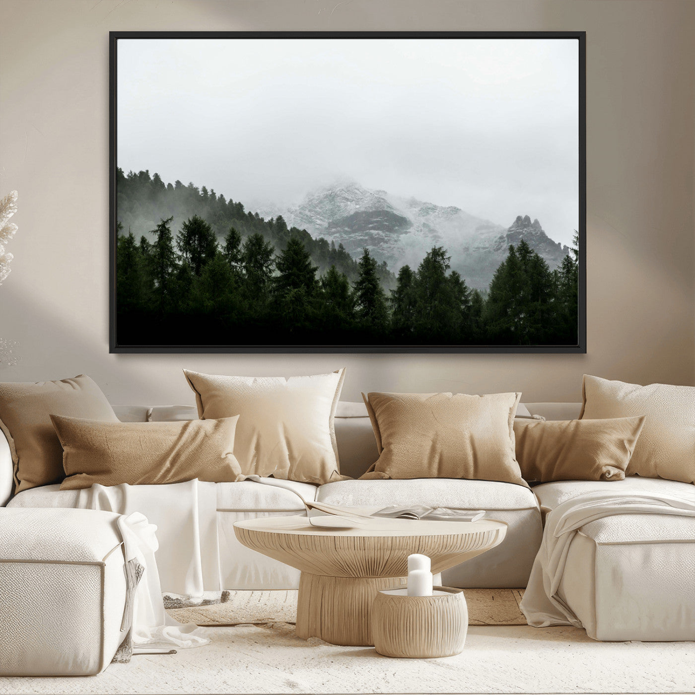 55968349-MGV-CV-36X24-Misty Mountains Wall Art Canvas Print, Framed Foggy Forest Art Picture Print, Snowy Peaks Perfect Moody Wilderness Decor Artwork