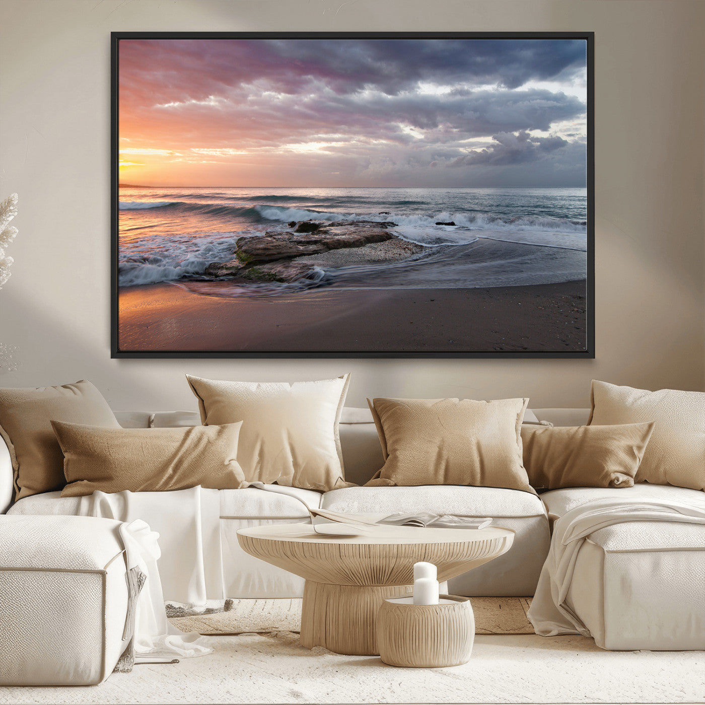 94208089-MGV-CV-36X24-Golden Hour Wall Art Canvas Print, Framed Tranquil Waves Art Picture Print, Beach Horizon Perfect Coastal Serenity Decor Artwork