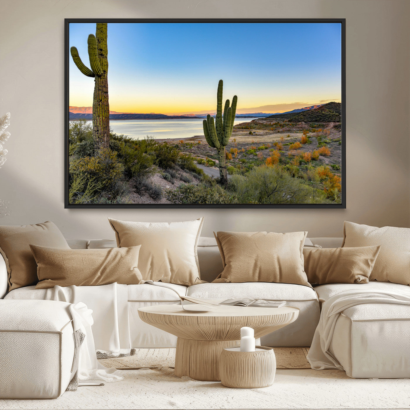 52844711-MGV-CV-36X24-Saguaro Cactus Wall Art Canvas Print, Framed Desert Sunset Art Picture Print, Southwestern Scene Perfect Southwestern Rustic Decor