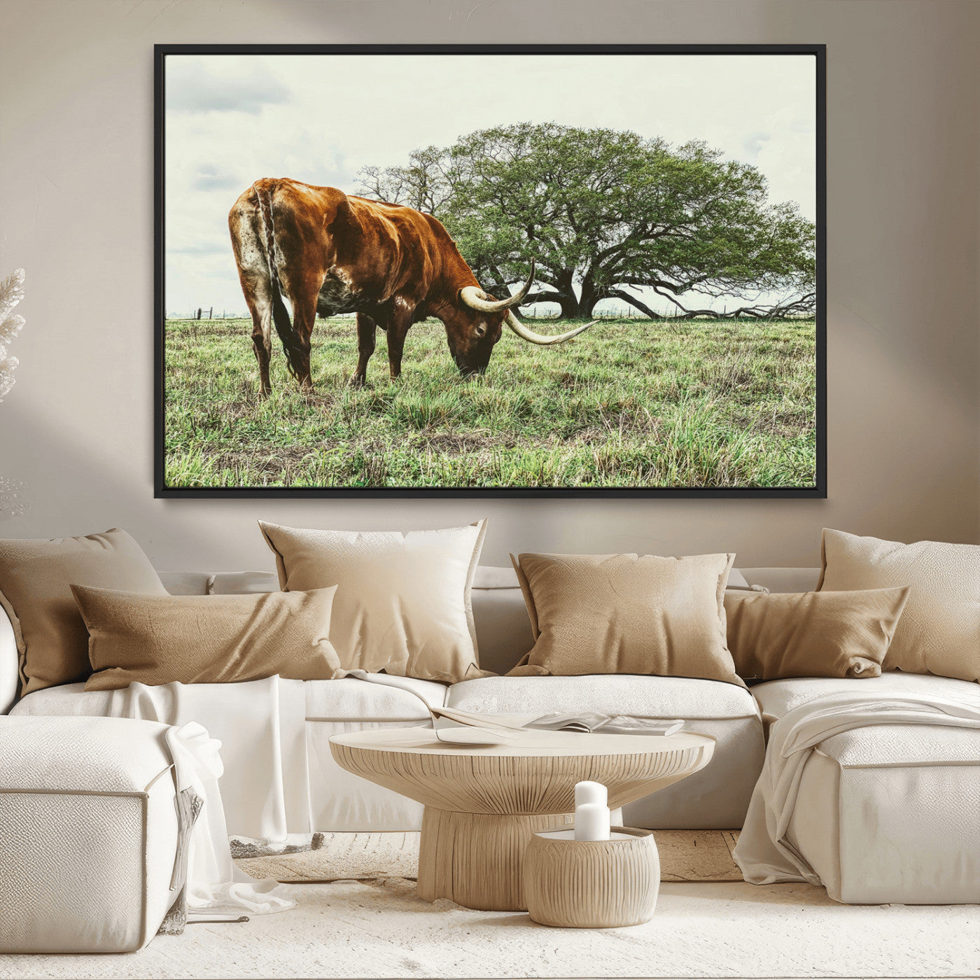 91866234-MGV-CV-36X24-Texas Longhorn Wall Art Canvas Print, Framed Rustic Ranch Art Picture Print, Western Cattle Perfect Rustic Farmhouse Decor Artwork