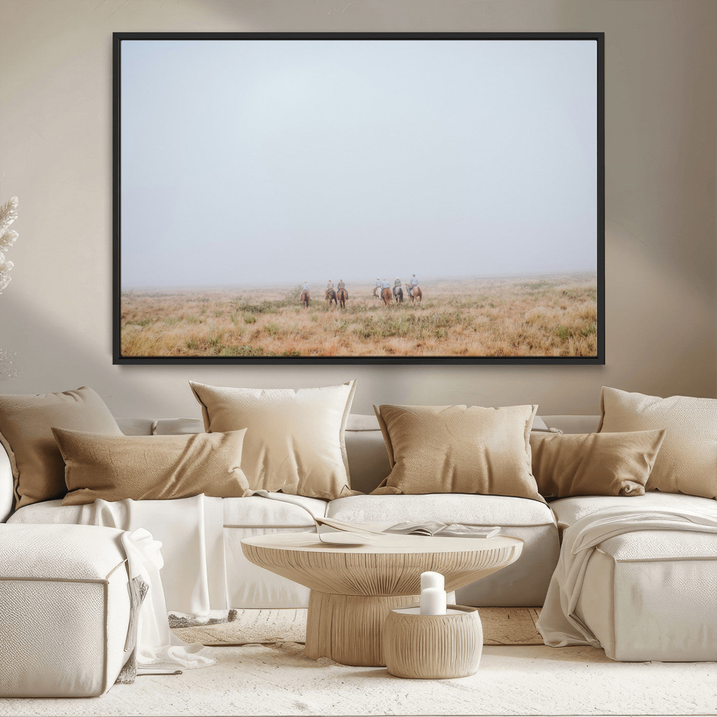14761944-MGV-CV-36X24-Foggy Plains Wall Art Canvas Print, Framed Horseback Riders Art Picture Print, Rustic Western Perfect Rustic Western Decor Artwork