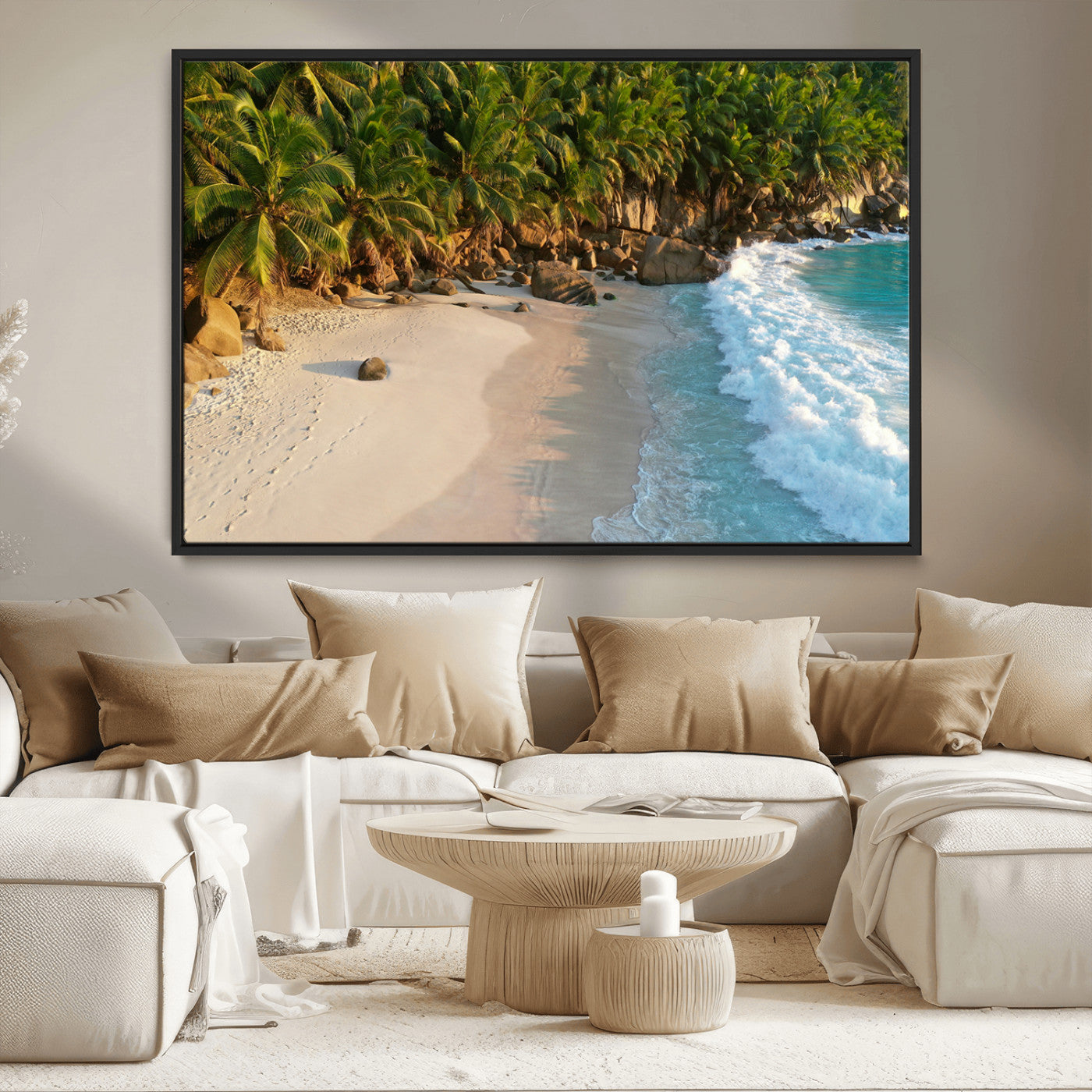 82312665-MGV-CV-36X24-Tropical Beach Wall Art Canvas Print, Framed Ocean Waves Art Picture Print, Palm Trees Perfect Coastal Minimalist Decor Artwork
