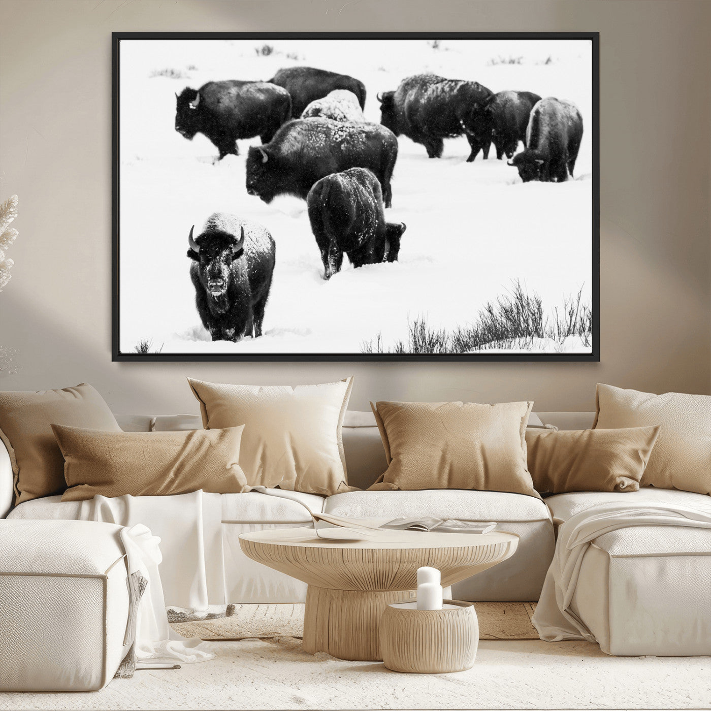 18914414-MGV-CV-36X24-Buffalo Herd Wall Art Canvas Print, Framed Black and White Art Picture Print, Snowy Landscape Perfect Rustic Lodge Decor Decor
