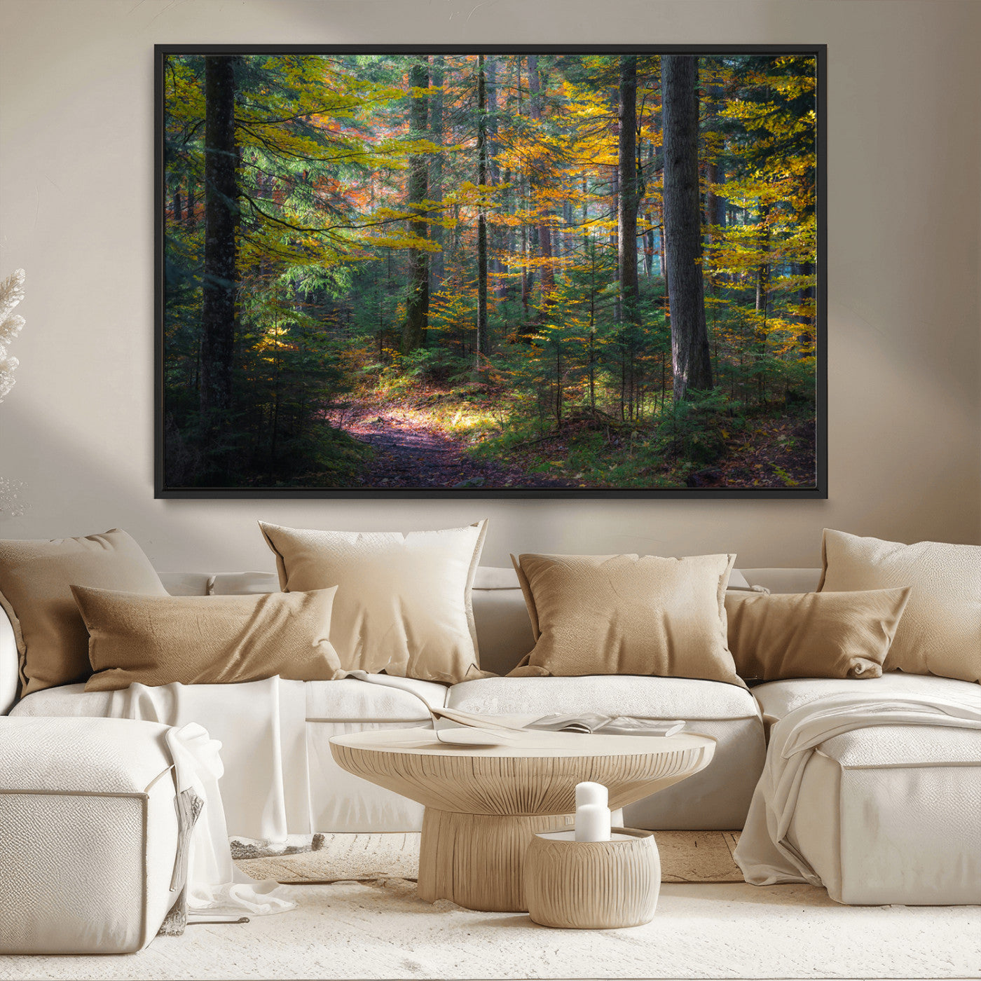 65810864-MGV-CV-36X24-Autumn Forest Wall Art Canvas Print, Framed Fall Woodland Art Picture Print, Golden Leaves Perfect Rustic Farmhouse Decor Artwork