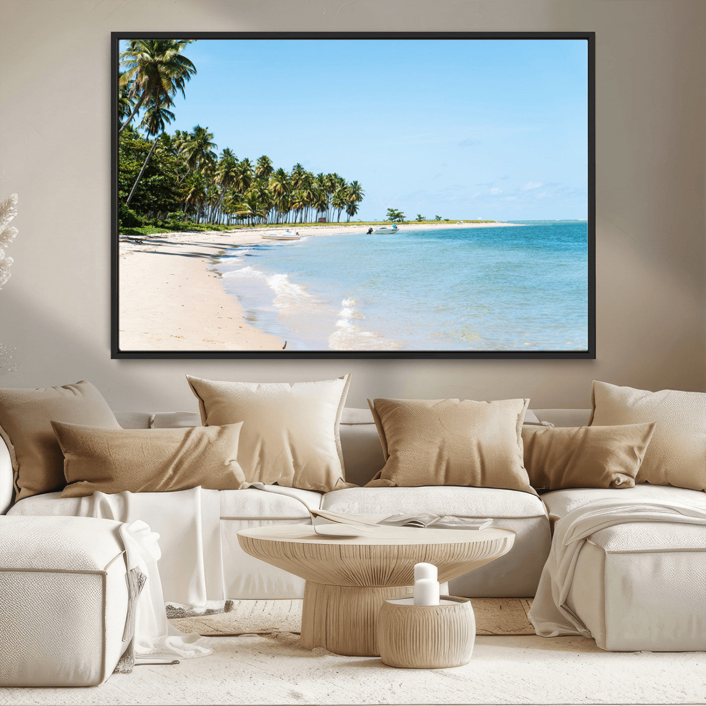 37858872-MGV-FC-36X24_Black-Palm Tree Coast Wall Art Canvas Print, Framed Island Getaway Art Picture Print, Crystal Blue Water Perfect Tropical Coastal Decor