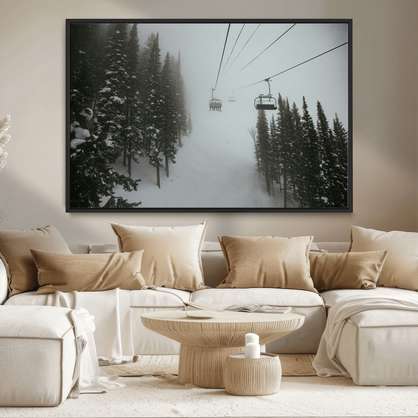 87018452-MGV-CV-36X24-Ski Lift Wall Art Canvas Print, Framed Snowy Pines Art Picture Print, Misty Landscape Perfect Winter Serenity Decor Artwork