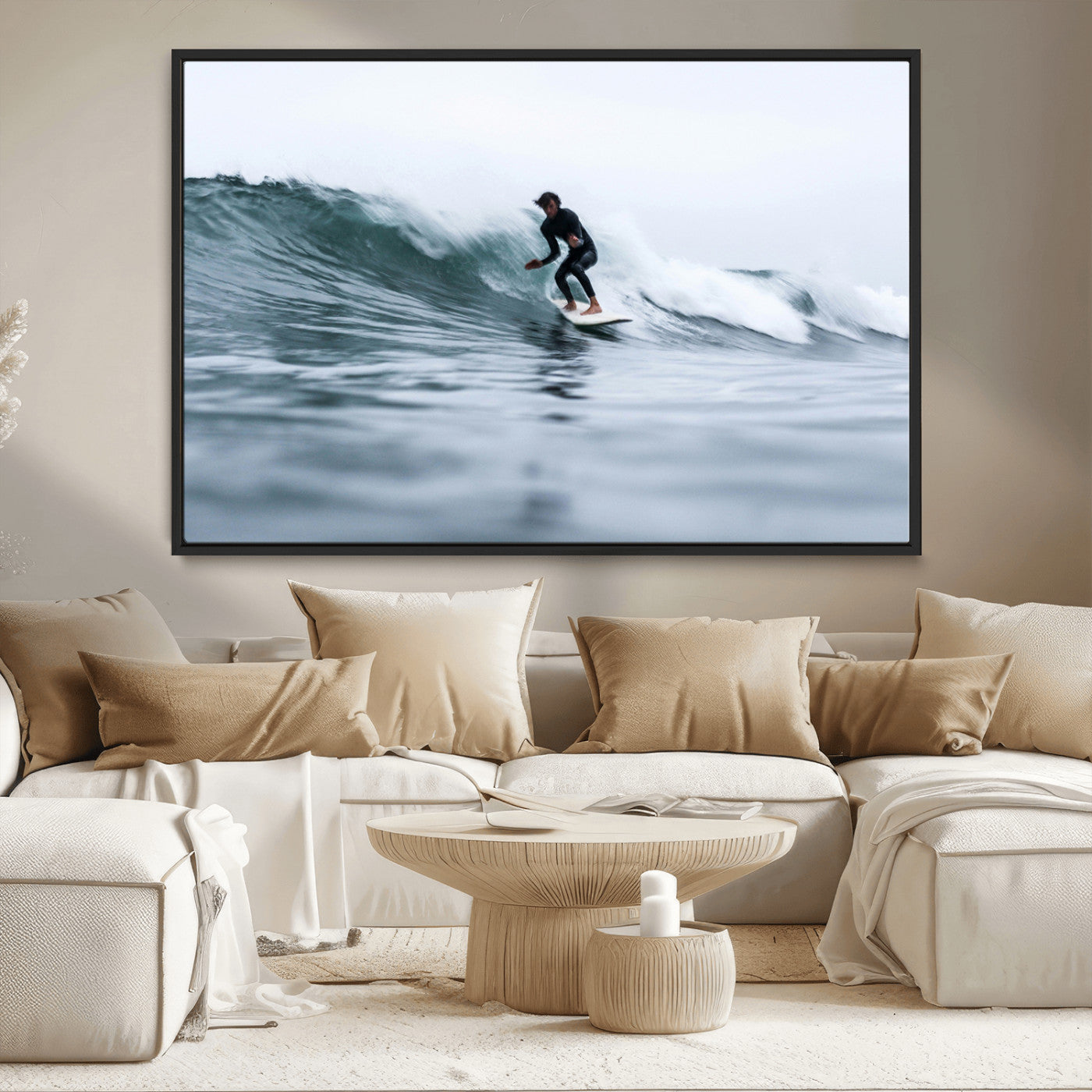 11693607-MGV-CV-36X24-Surfer on Wave Wall Art Canvas Print, Framed Ocean Adventure Art Picture Print, Motion Blur Water Perfect Coastal Adventure Decor