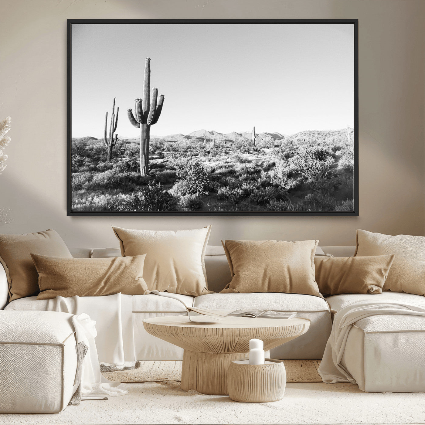 85205054-MGV-CV-36X24-Saguaro Cactus Wall Art Canvas Print, Framed Monochrome Landscape Art Picture Print, Scenic Arizona View Perfect Minimalist
