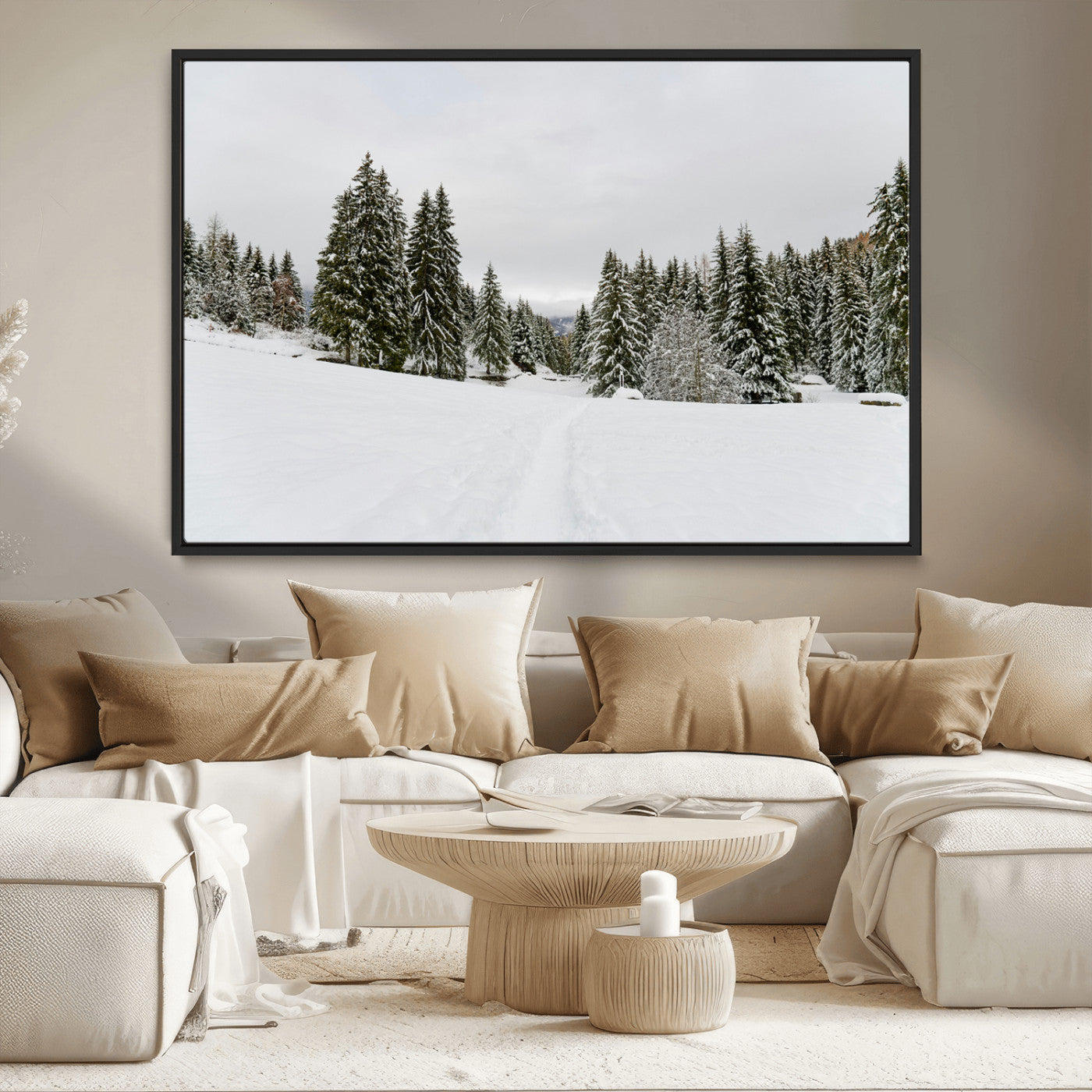 24581417-MGV-CV-36X24-Frosty Pines Wall Art Canvas Print, Framed Silent Snowfall Art Picture Print, Cozy Cabin Vibes Perfect Nordic Minimalist Decor